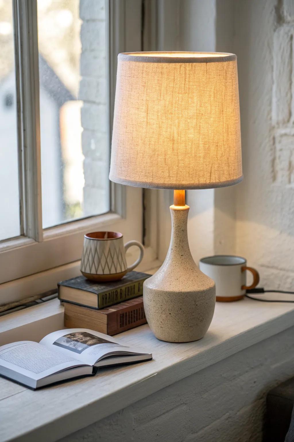 A compact table lamp adds cozy, layered light—perfect for narrow ledges and tiny side tables.