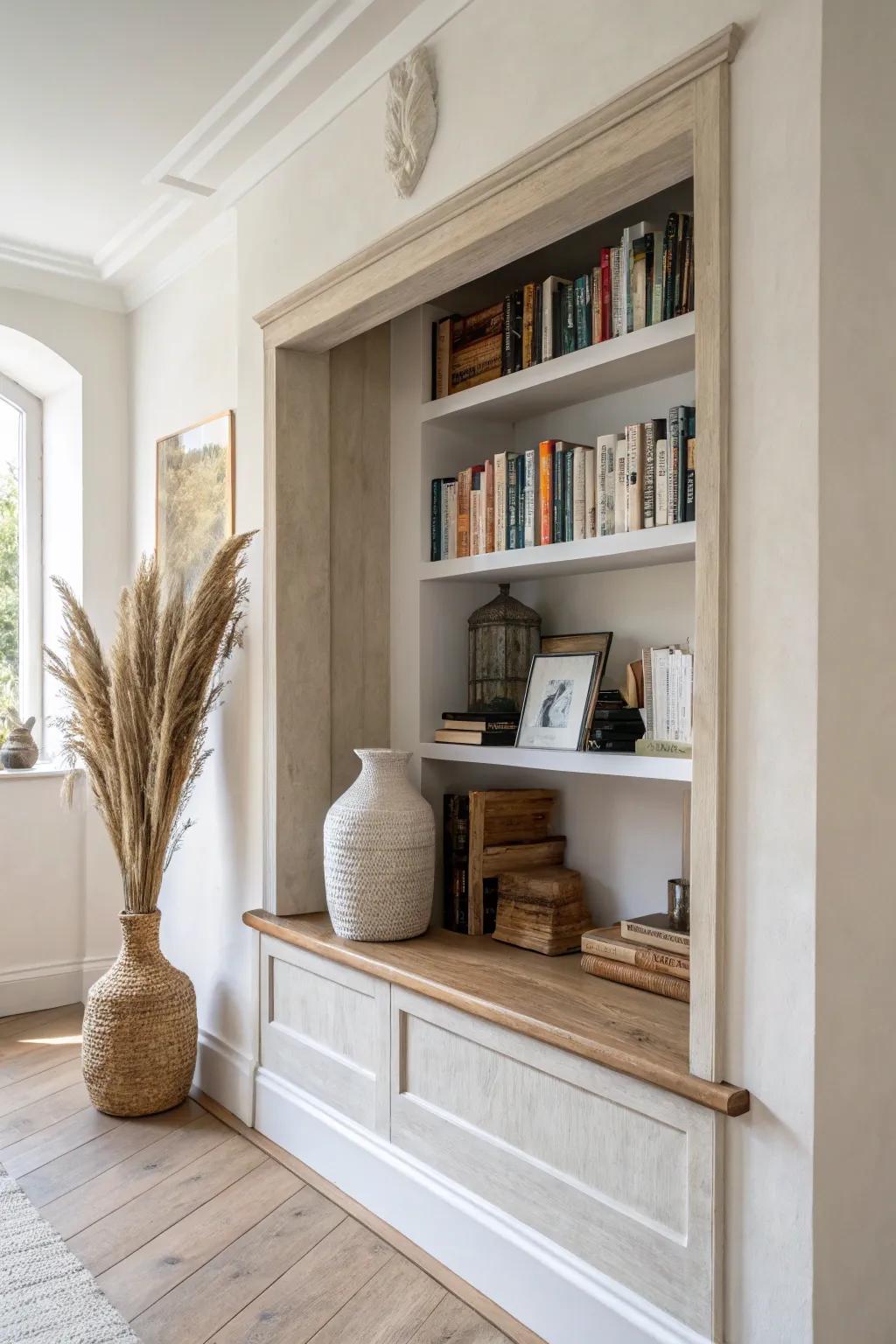 A wide built-in book niche styled with breathing room for a custom, calm living room wall.