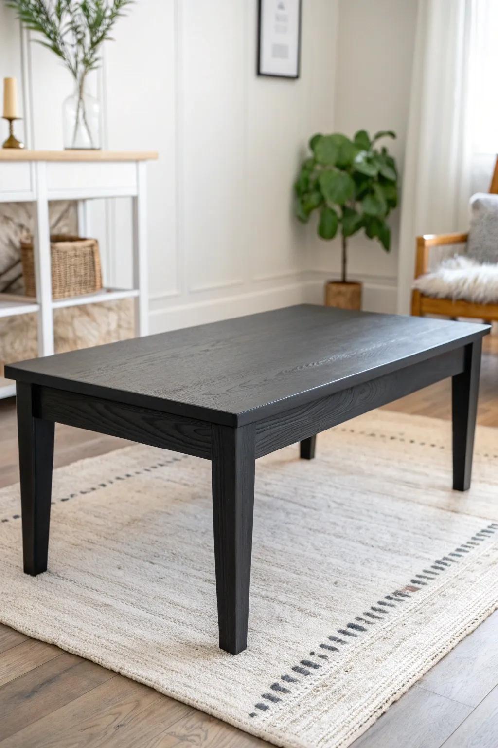 Matte black coffee table makeover—simple shape, high contrast, instantly looks designer.