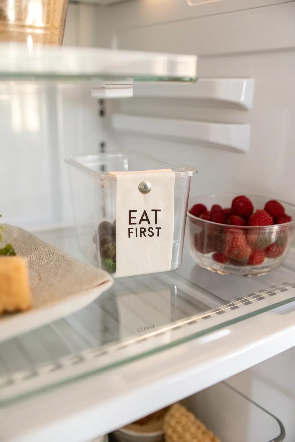 Eye-level “Eat First” bin: spotlight ripe produce + leftovers so they get eaten before they’re wasted.