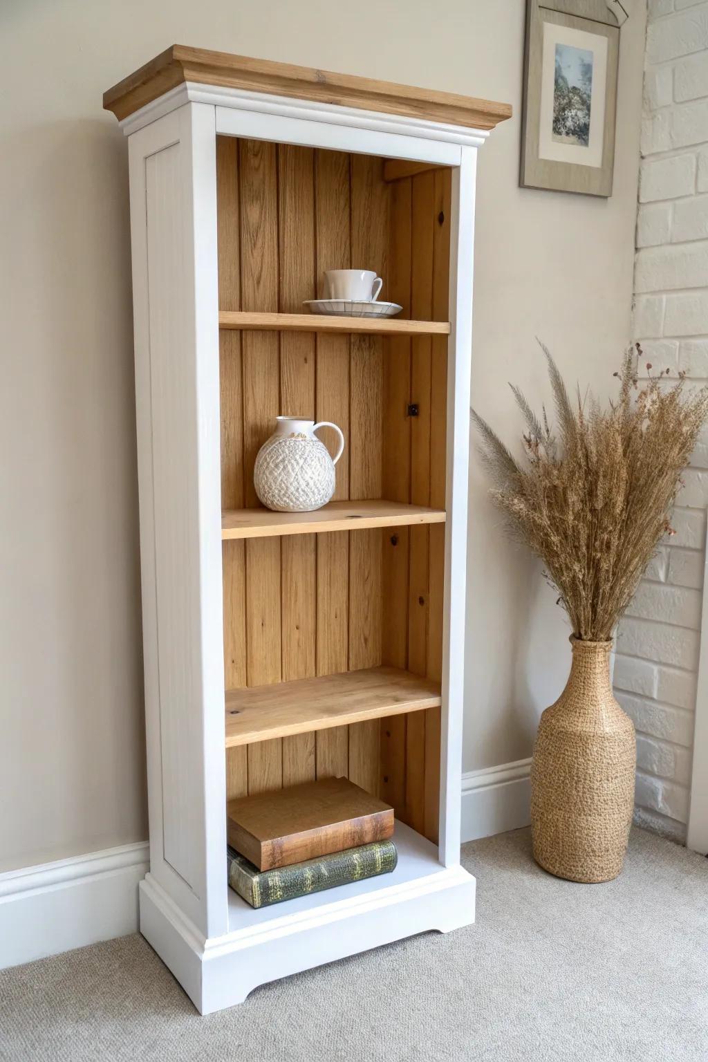 Beadboard backing adds cozy texture—refurbished bookshelf, brighter, cleaner, cottage-calm.