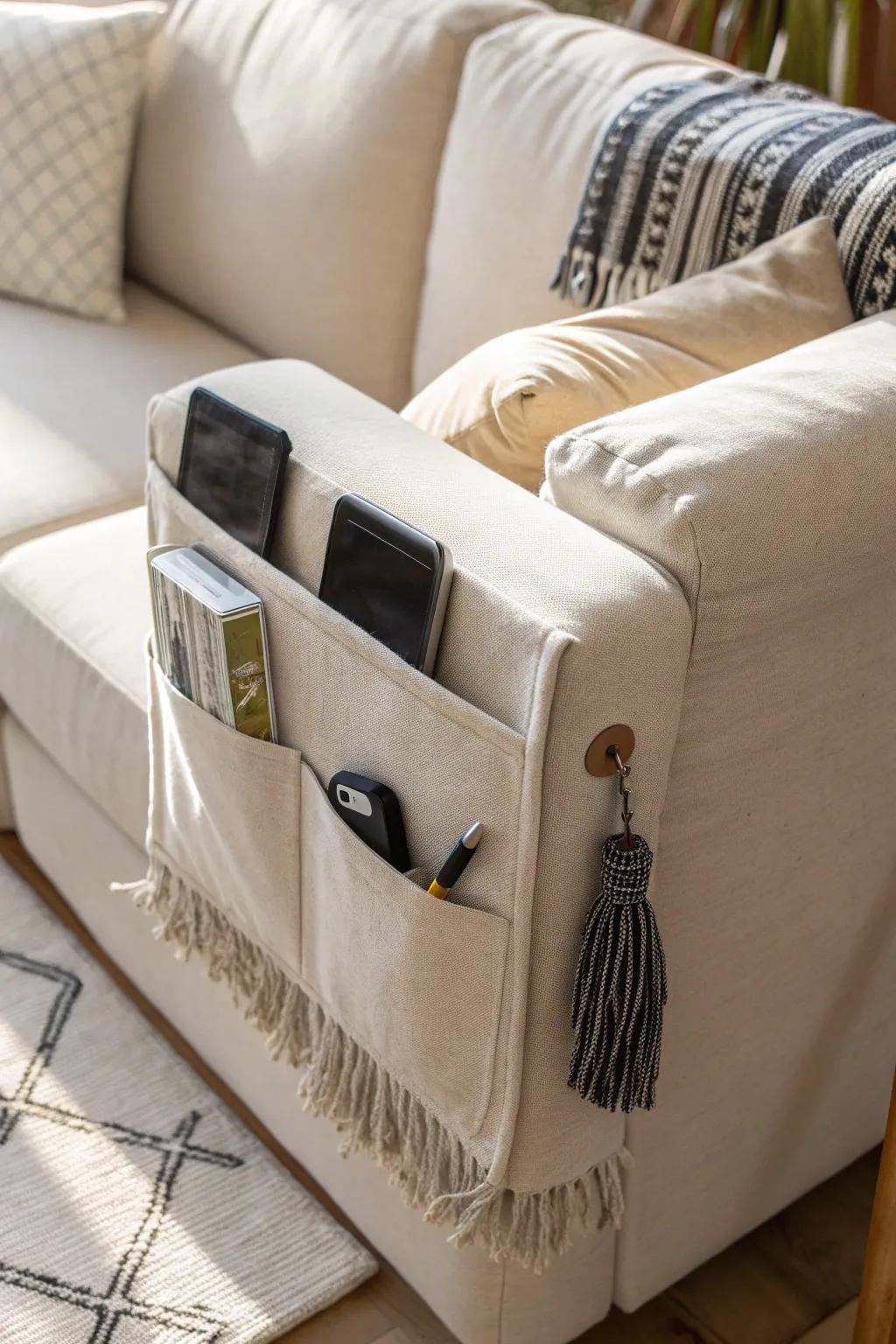 Keep remotes within reach—this sleek sofa armrest caddy clears your tiny coffee table.