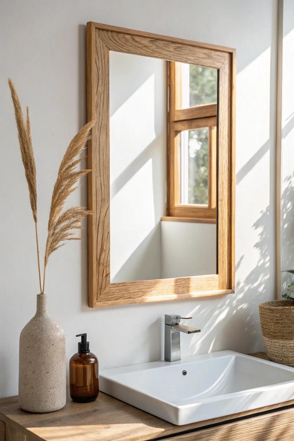 A removable oak frame instantly makes a rental mirror feel custom—no tools, all style.
