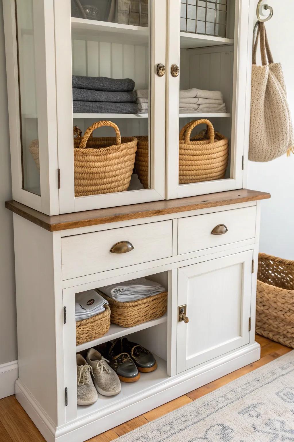 Repurposed china cabinet turned entryway drop zone—keys up top, shoes and bags tucked below.