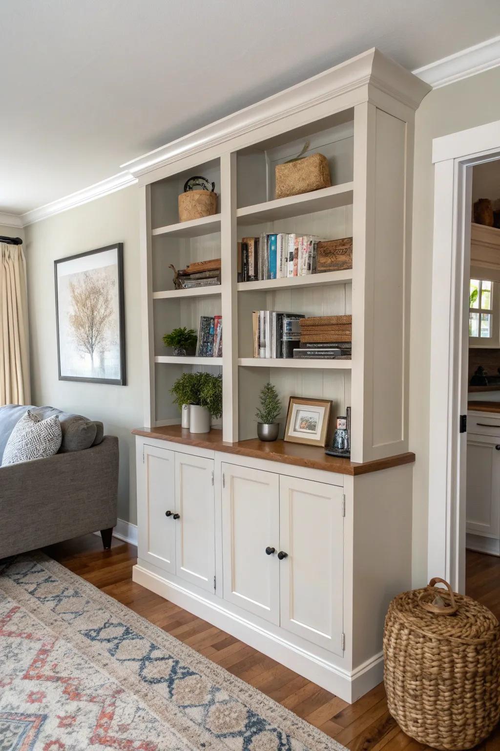Repurposed uppers become a seamless built‑in bookcase—painted to match for a custom look.