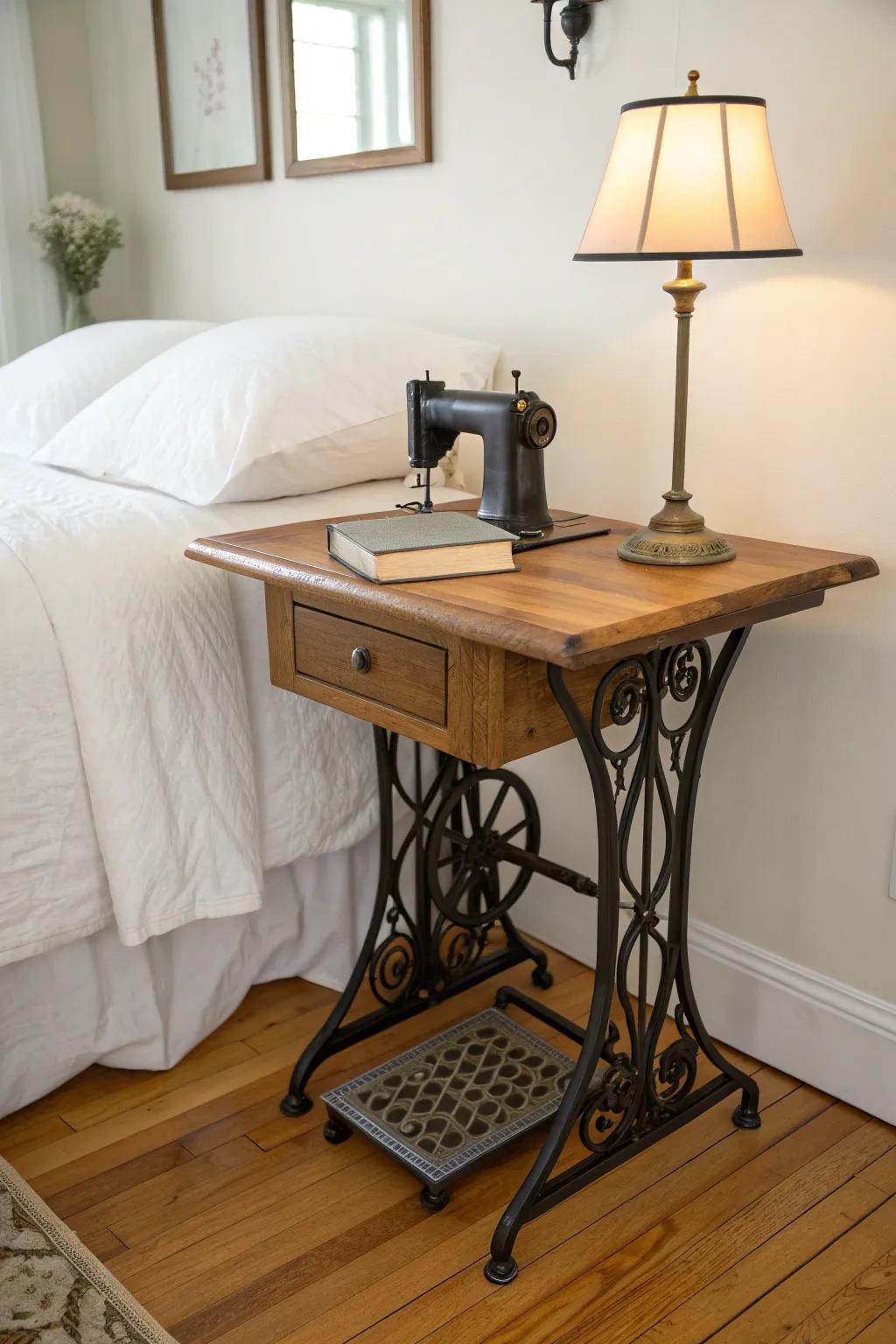 A vintage sewing machine table becomes a chic nightstand—style, storage, and character.