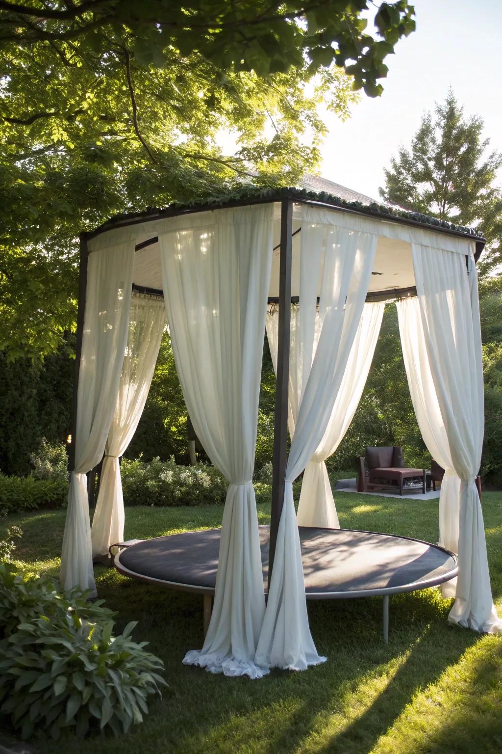 Discover tranquility with this innovative trampoline gazebo, your perfect curtained retreat.