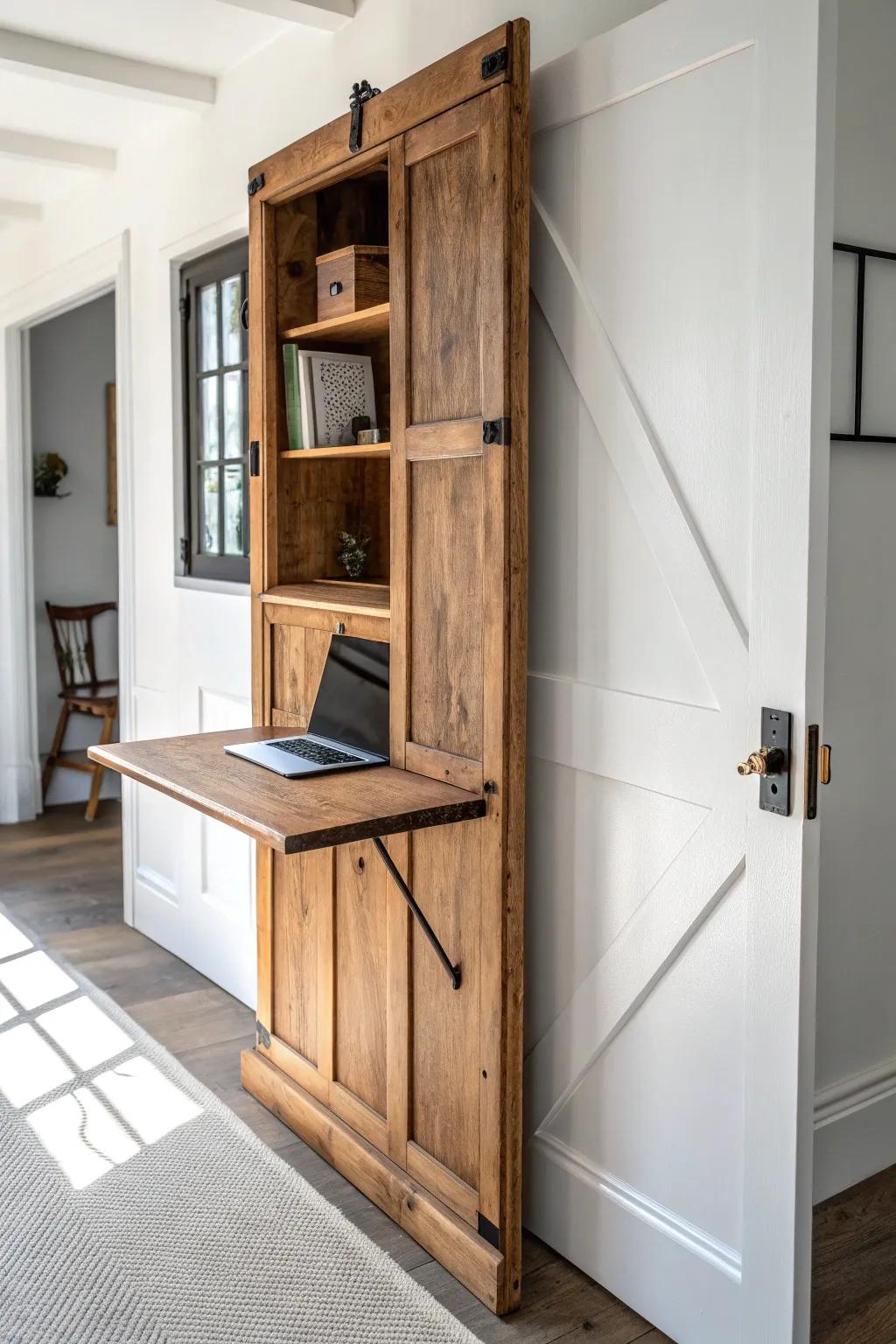 Vintage door to fold-down desk: a tiny hallway nook becomes a minimalist workspace.