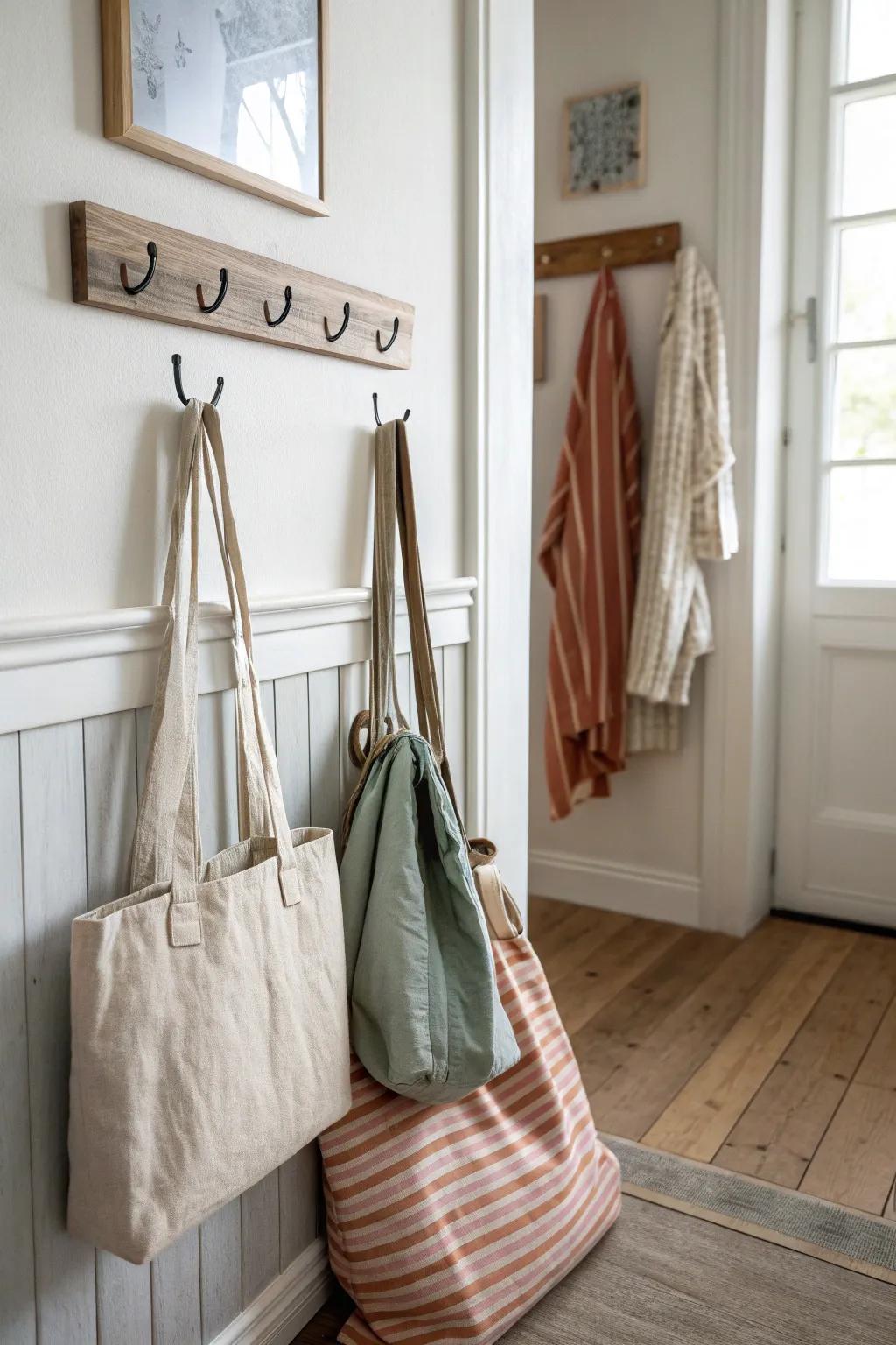 Hang reusable totes by the door on a simple wall hook for chic, grab-and-go storage.