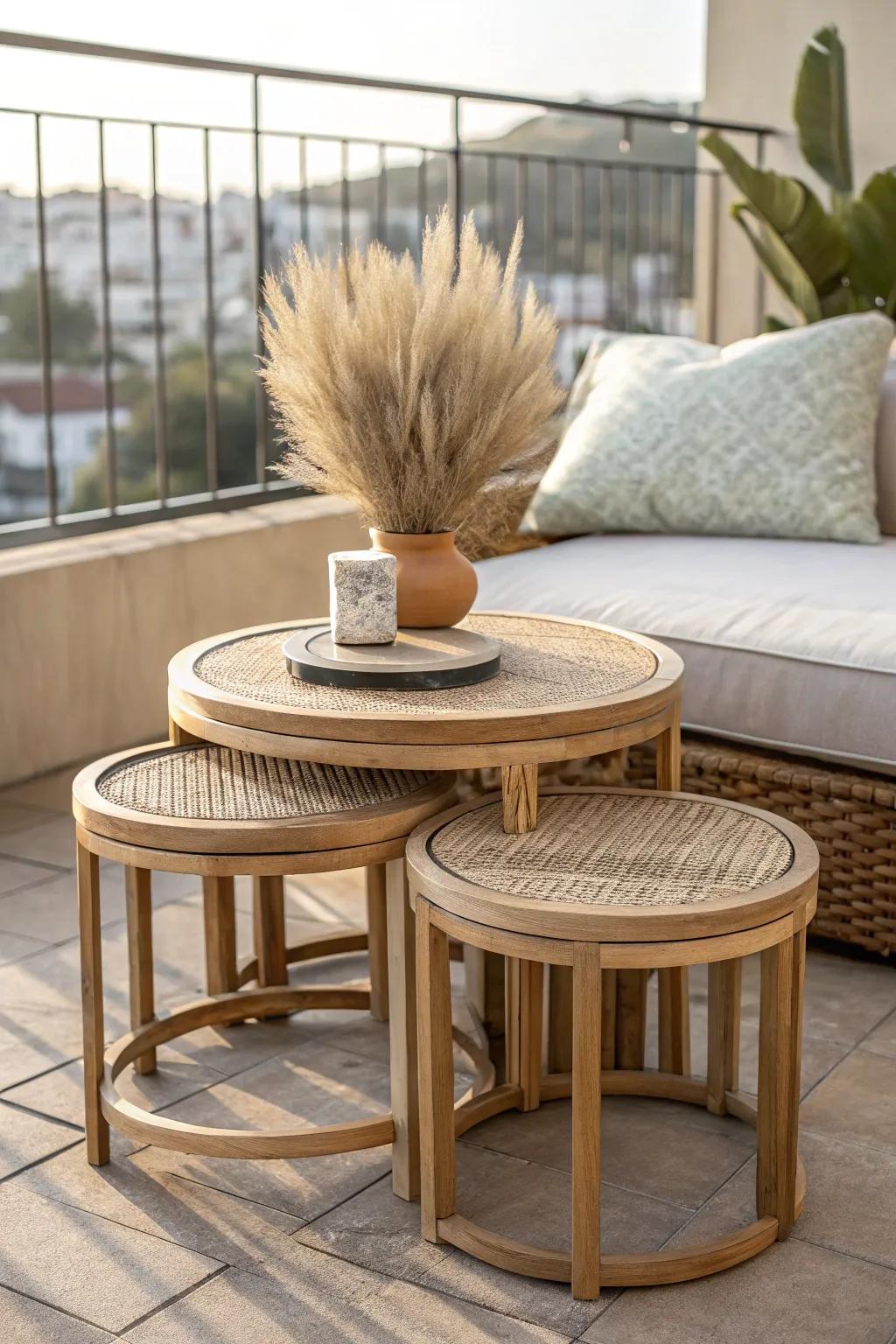 Rooftop-ready nesting tables: spread out for guests, tuck away to keep your walkway clear.