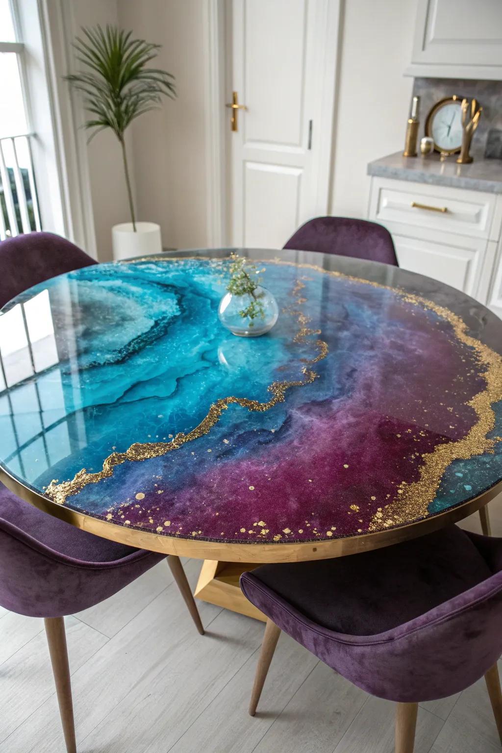 Transform your dining space with a mesmerizing geode-inspired epoxy table, where artistry meets nature's elegance.