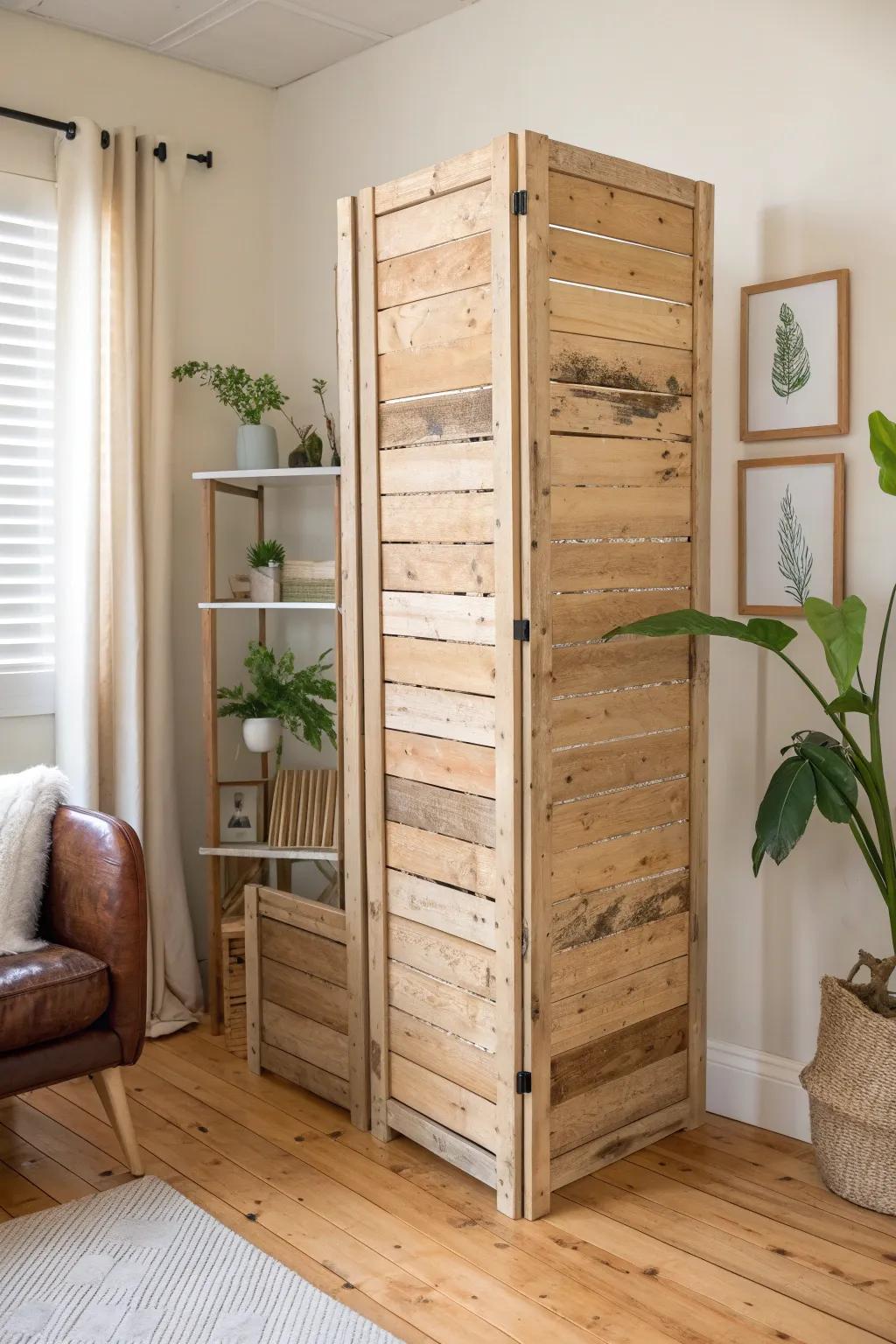 Airy pallet-wood panel divider that separates zones while keeping your small space bright.