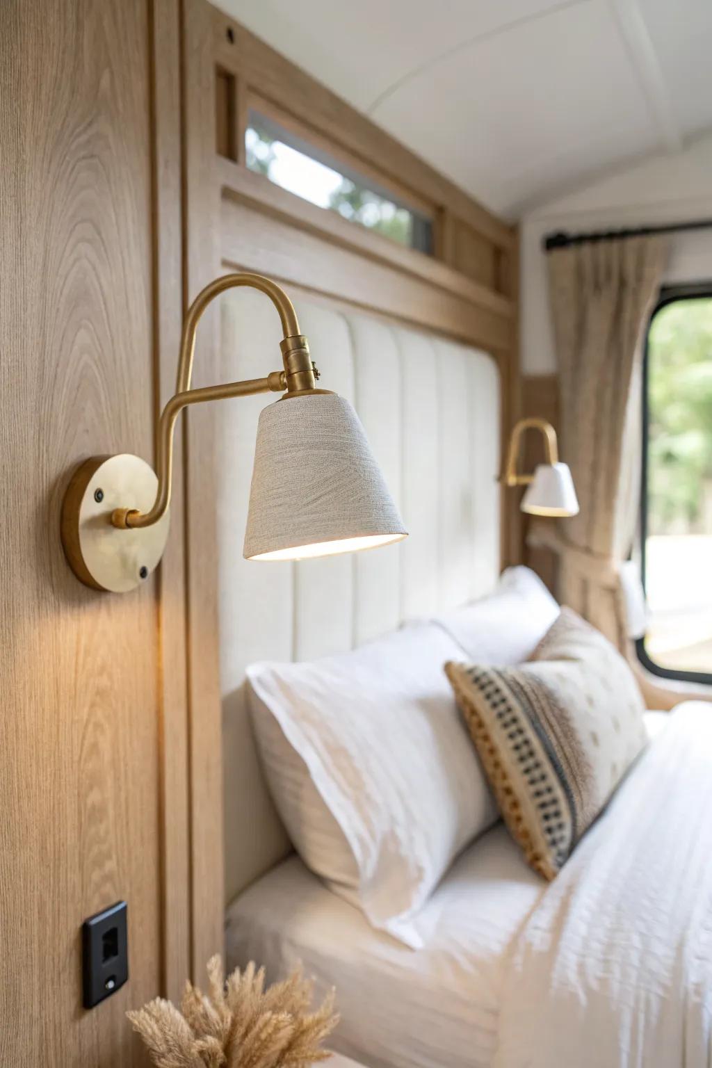 A warm, minimalist reading sconce turns an RV bed into a cozy, hands-free reading nook.