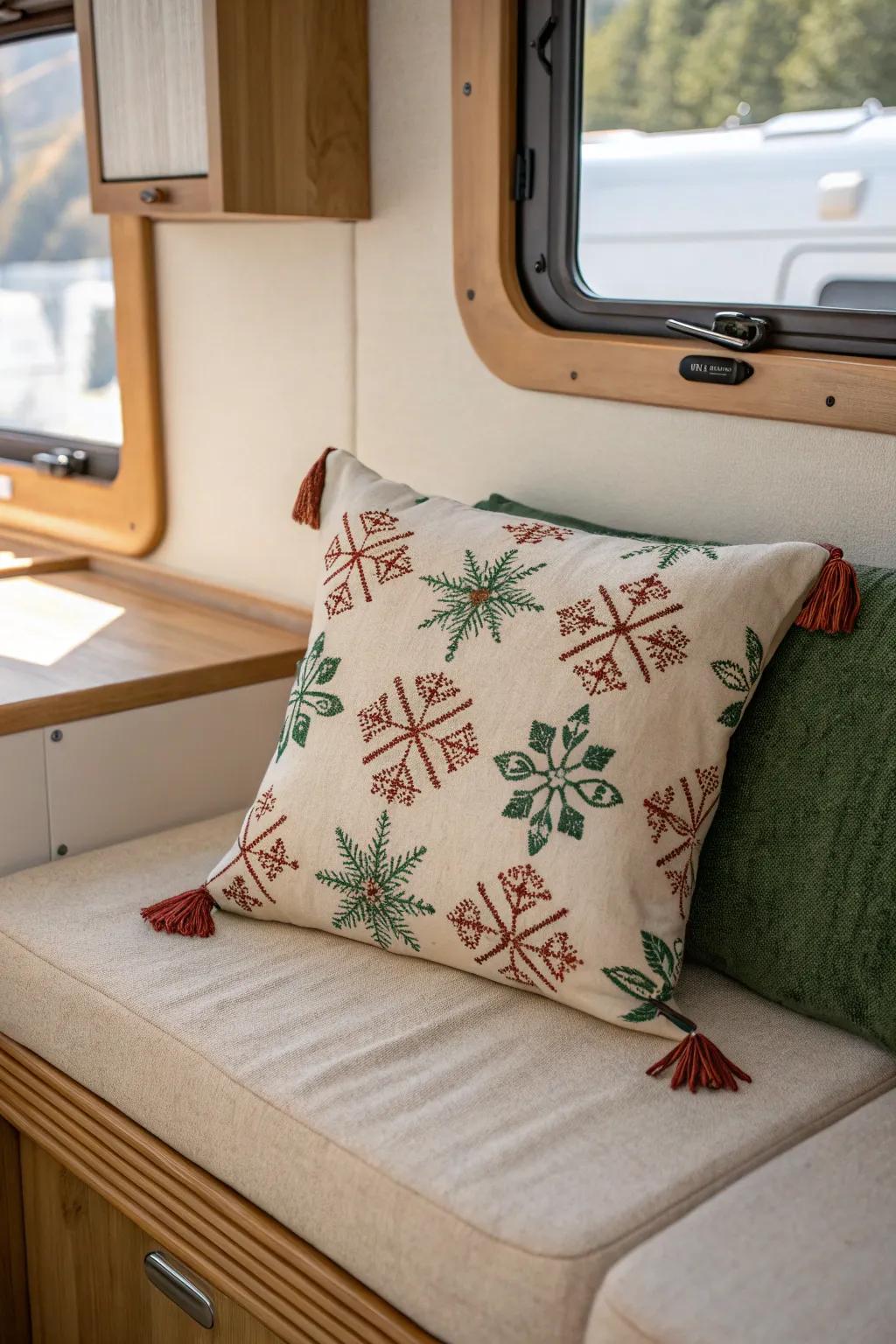 Swap in a festive pillow cover for instant RV cheer—zero clutter, all cozy Scandinavian style.
