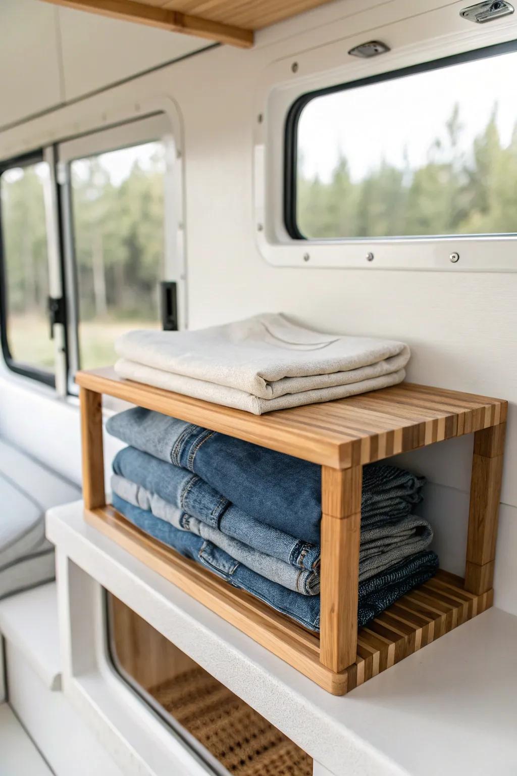 A slim bamboo shelf riser doubles RV closet stacks—perfect for tidy sweaters and jeans.