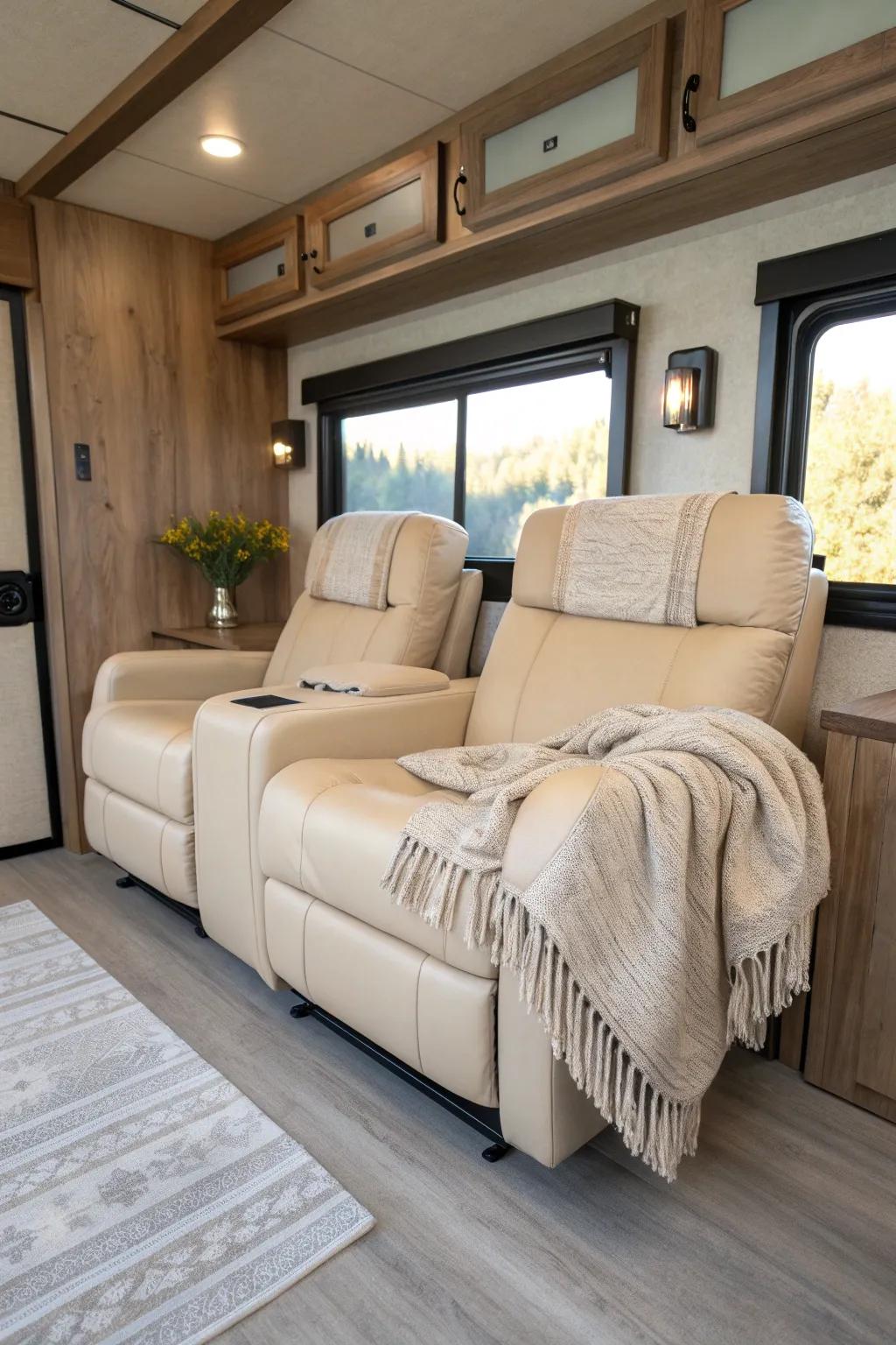 Swap your RV couch for cozy theater recliners—compact, chic, and perfect for movie nights.