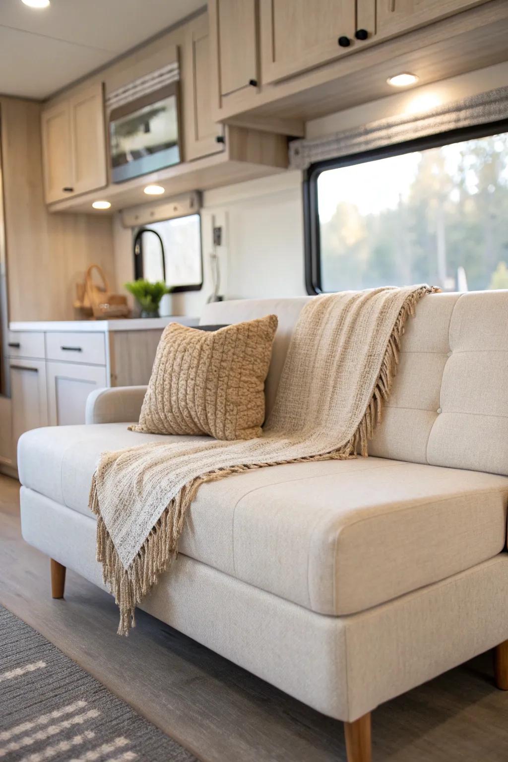 Apartment-size sleeper sofa: a cozy, space-smart RV couch upgrade that keeps the aisle clear.