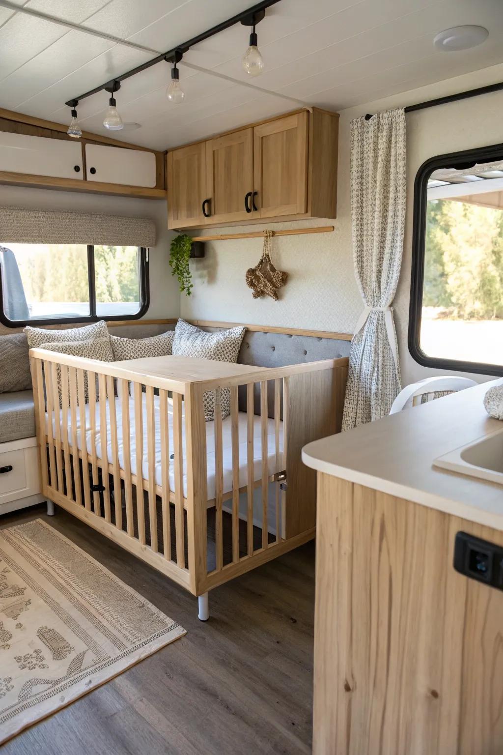 Swap the RV dinette for a cozy full-size crib—minimal, bright, and easy to switch back.