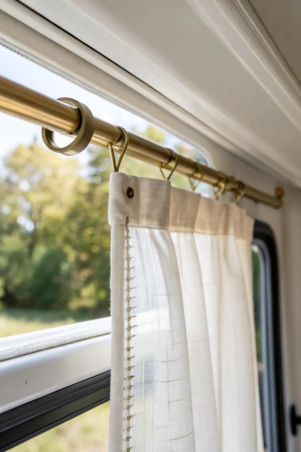 Adhesive hooks + a lightweight rod make RV curtains stay put—even on bumpy travel days.