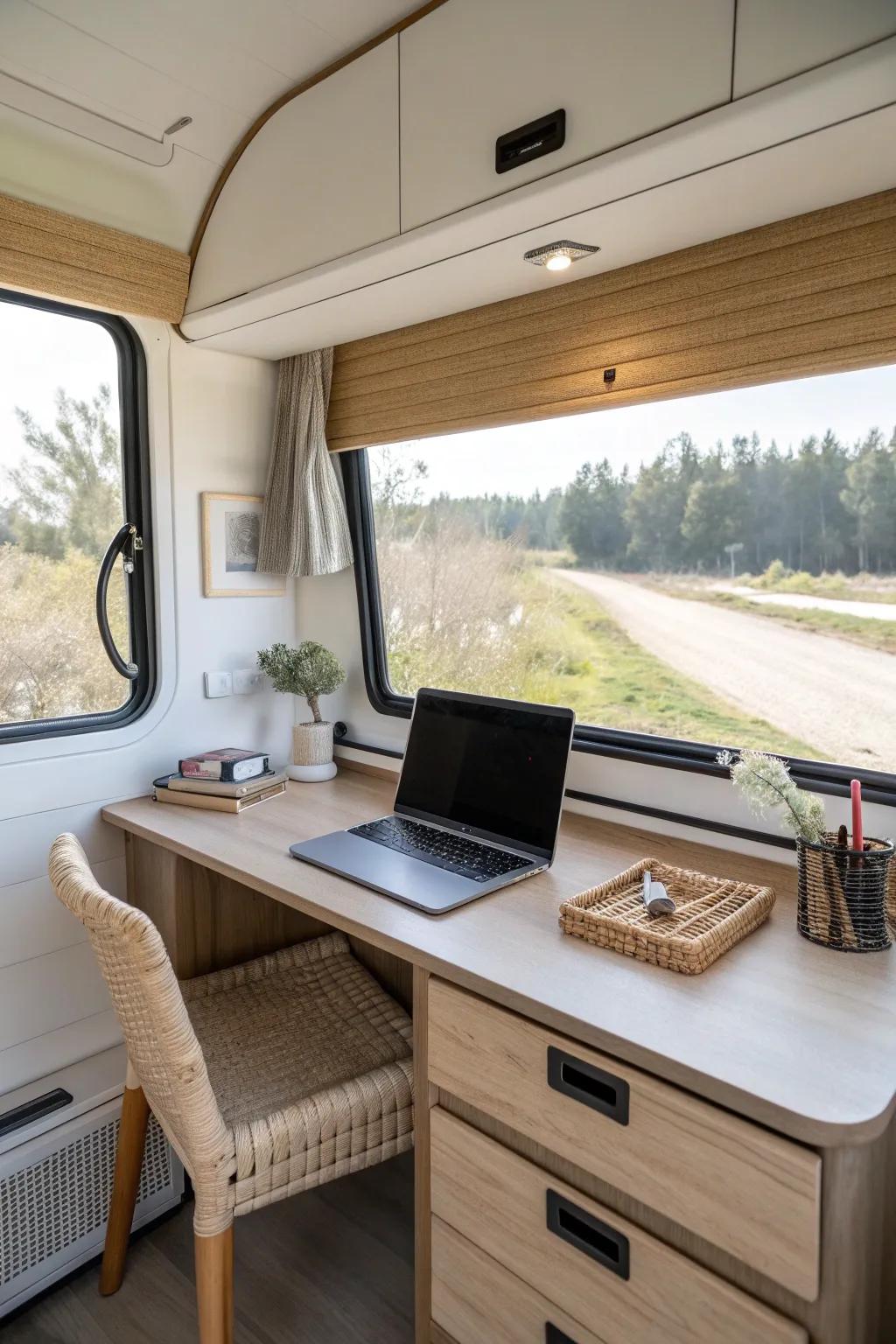 Panoramic rear-window RV desk with glare-control shades—bright views, clear screen, calm minimal style.