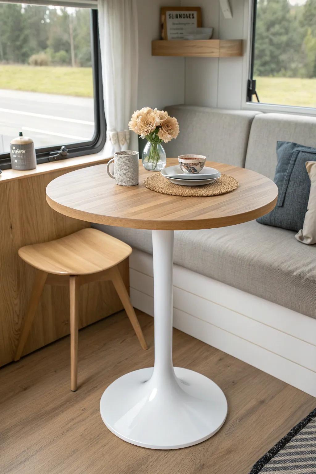 Round pedestal RV table: no sharp corners, more legroom, and effortless Scandinavian calm.