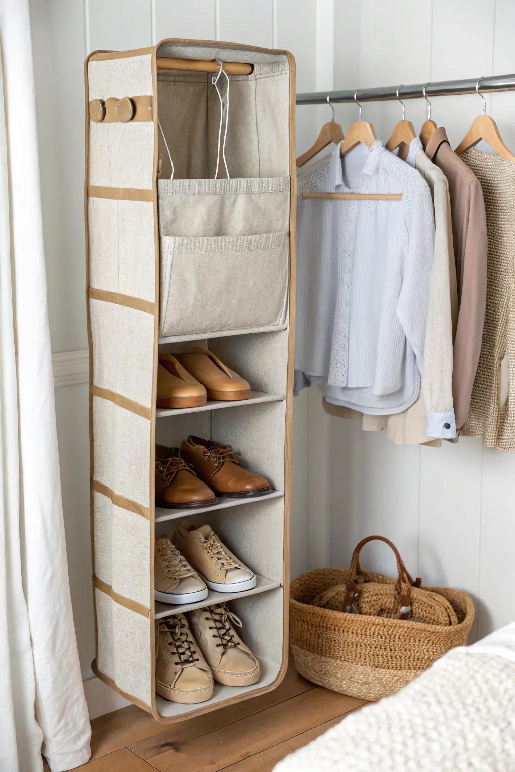 Soft hanging closet shelves keep RV shoes secure, tidy, and beautifully minimal on the move.