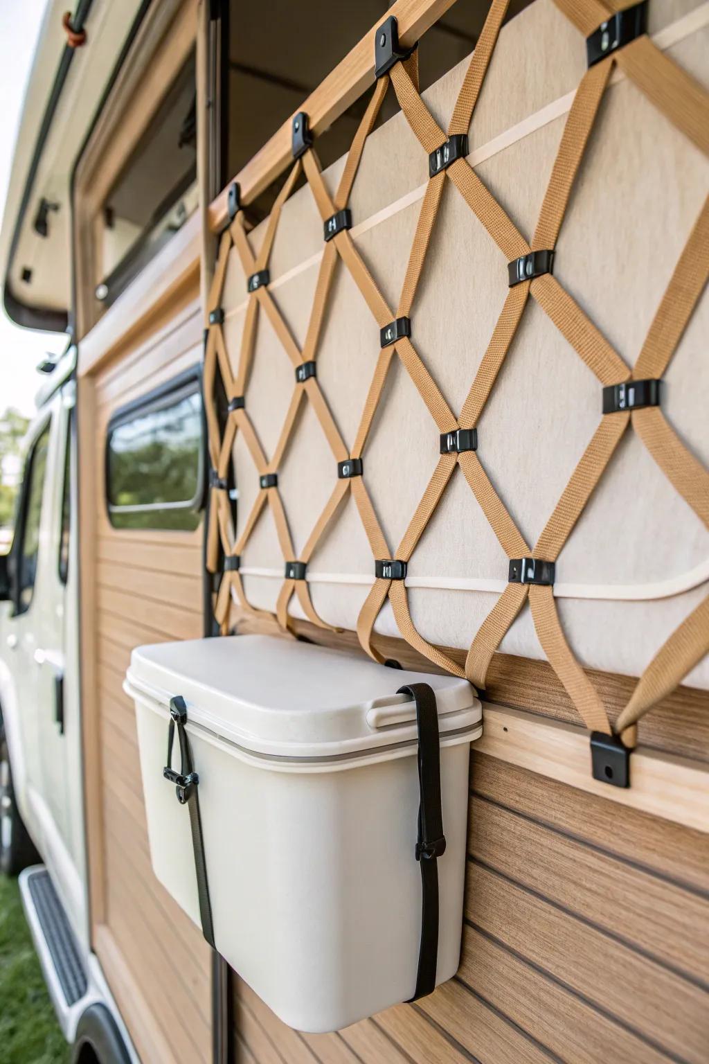 A simple strap-and-hook grid keeps your RV bay bins locked in place—no shifting, no crashes.
