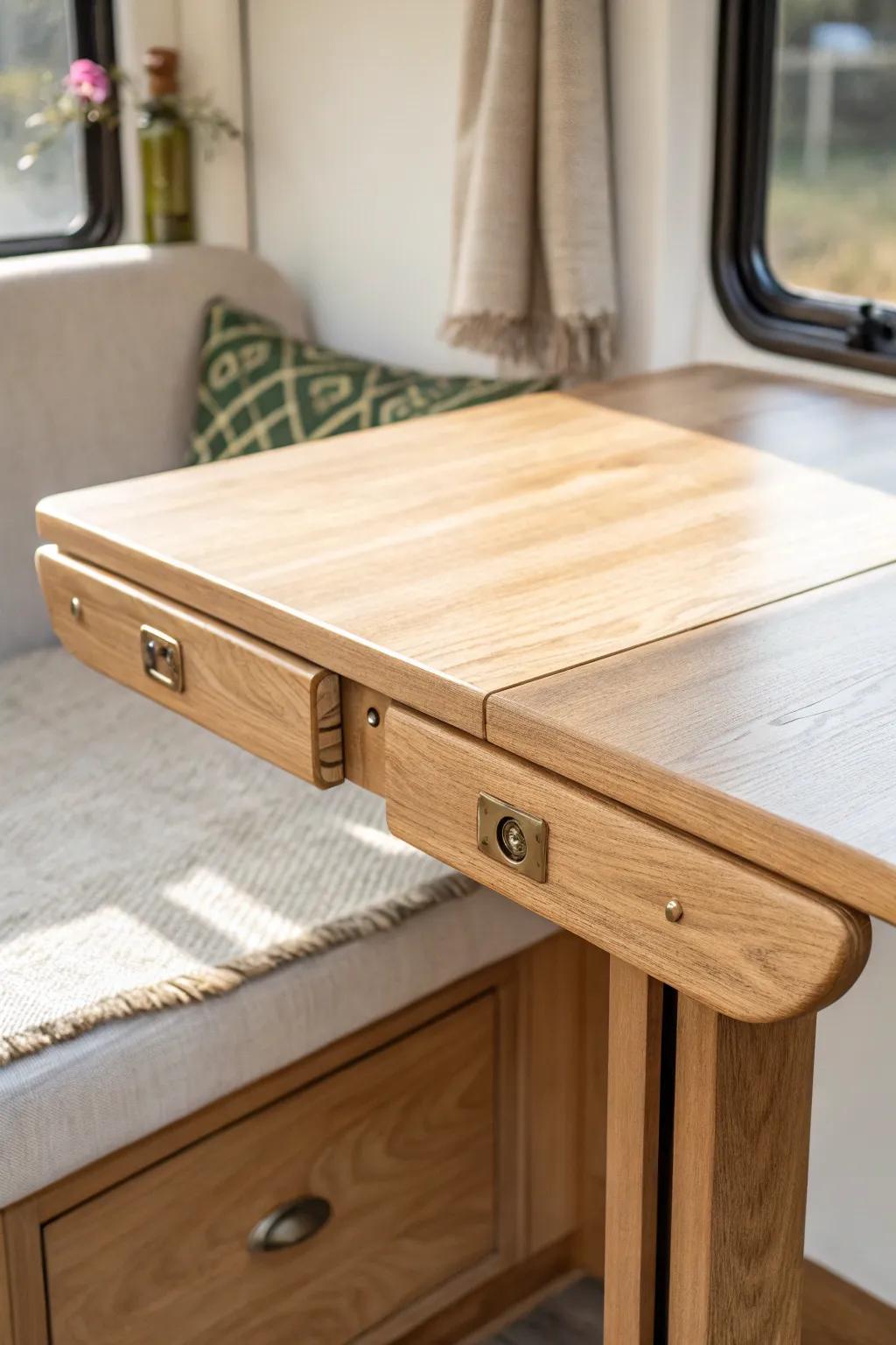 A space-saving RV table upgrade: a drop-leaf edge that expands only when you need it.