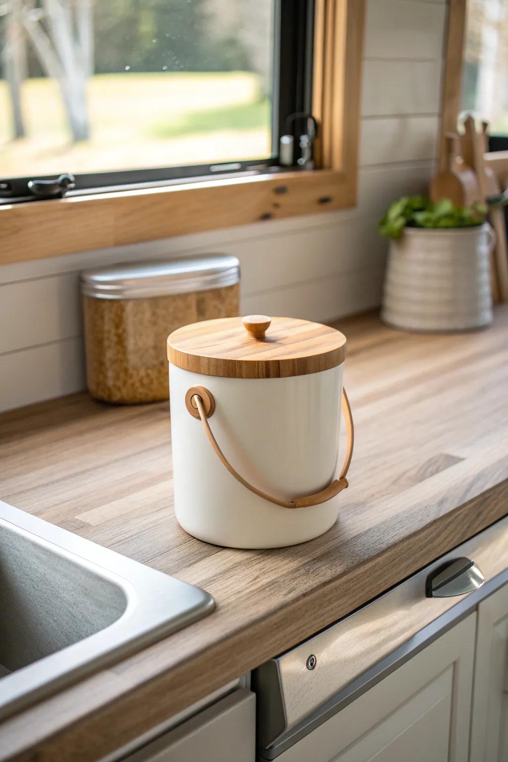 A tiny countertop scrap bin keeps RV meal prep tidy—minimal, chic, and easy to empty.