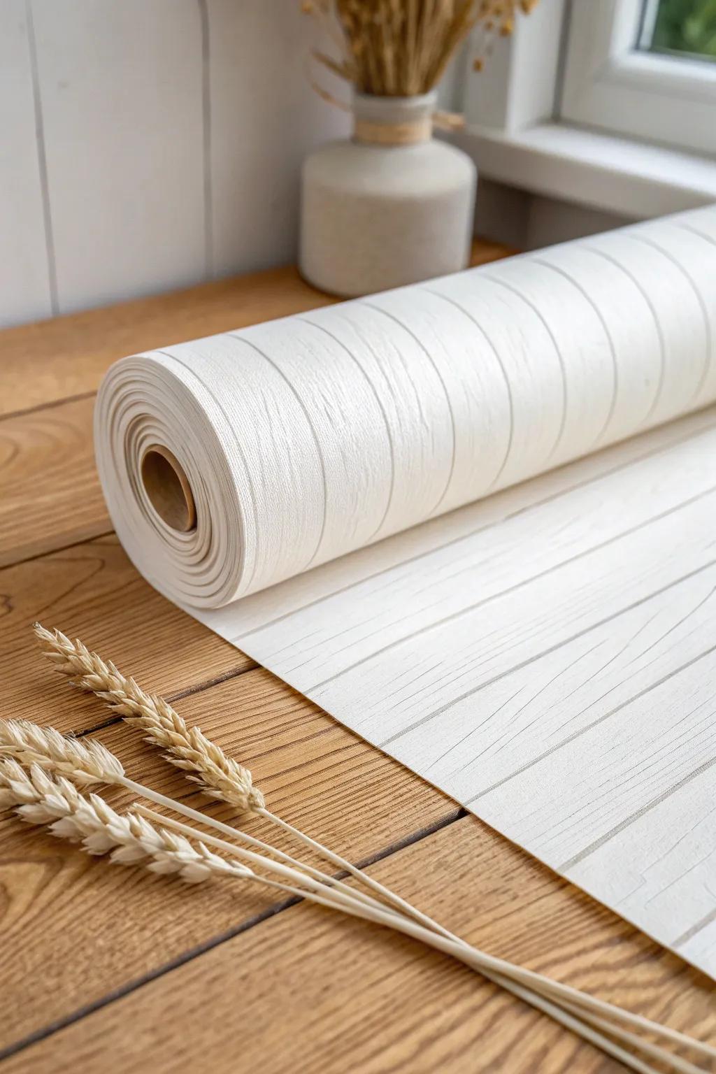 Faux shiplap wallpaper adds cozy cabin texture to RV walls—no boards, no hassle.