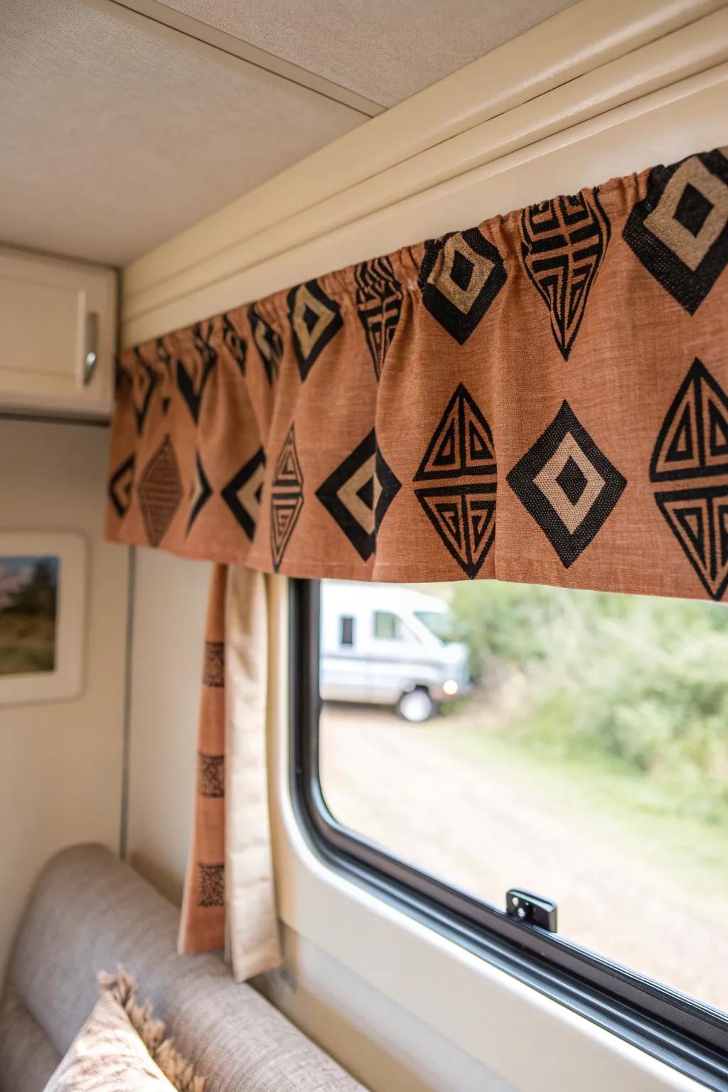 A bold patterned valance instantly turns a plain RV window into a stylish focal point.