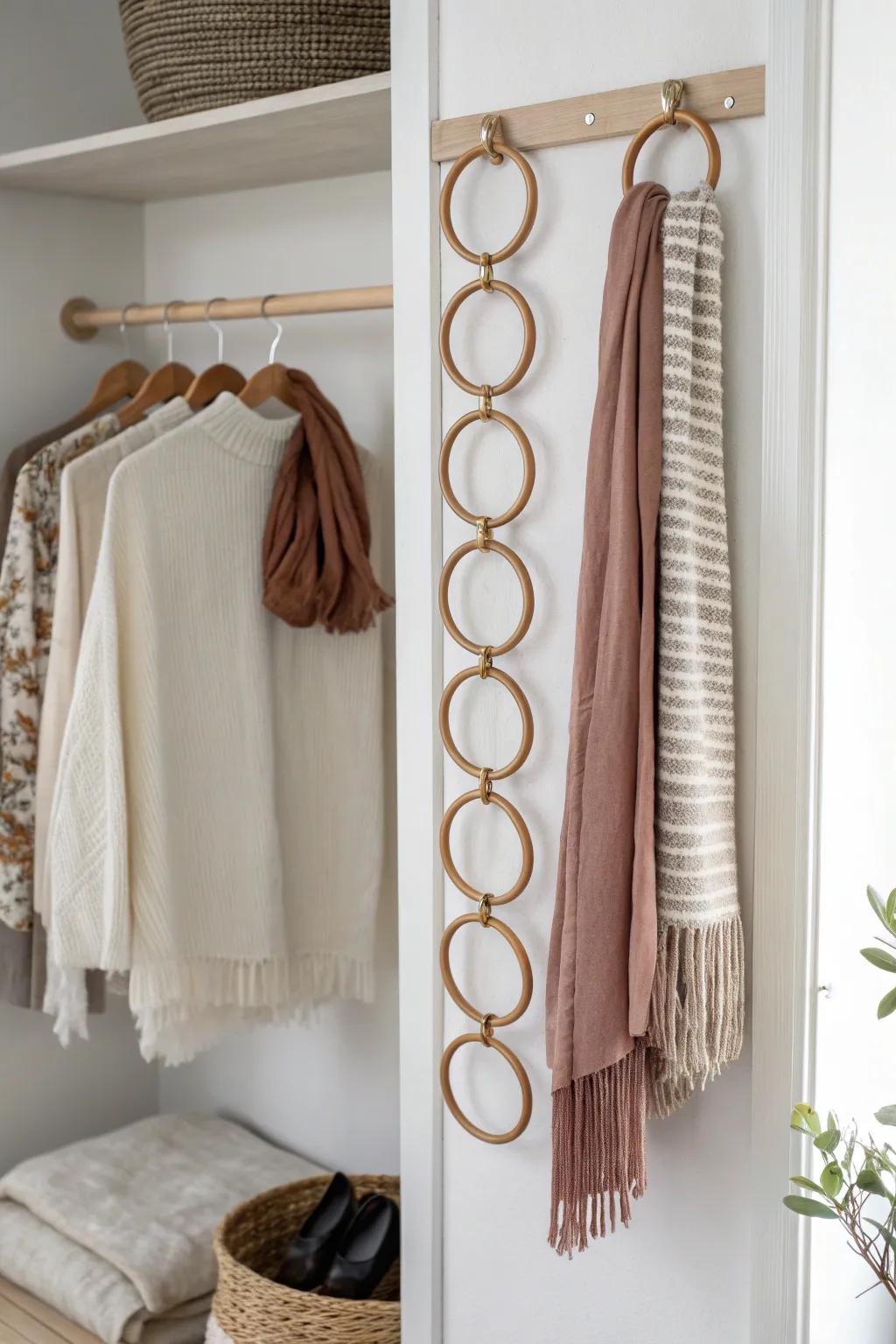 A cascading multi-tier hanger keeps scarves visible, tidy, and takes up zero extra rod space.