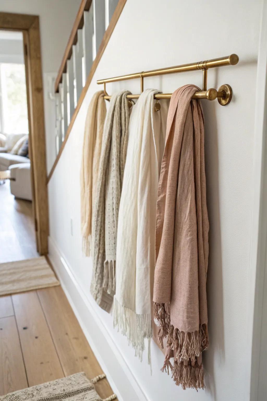A towel bar scarf rail that keeps small spaces tidy—your scarves become soft decor.