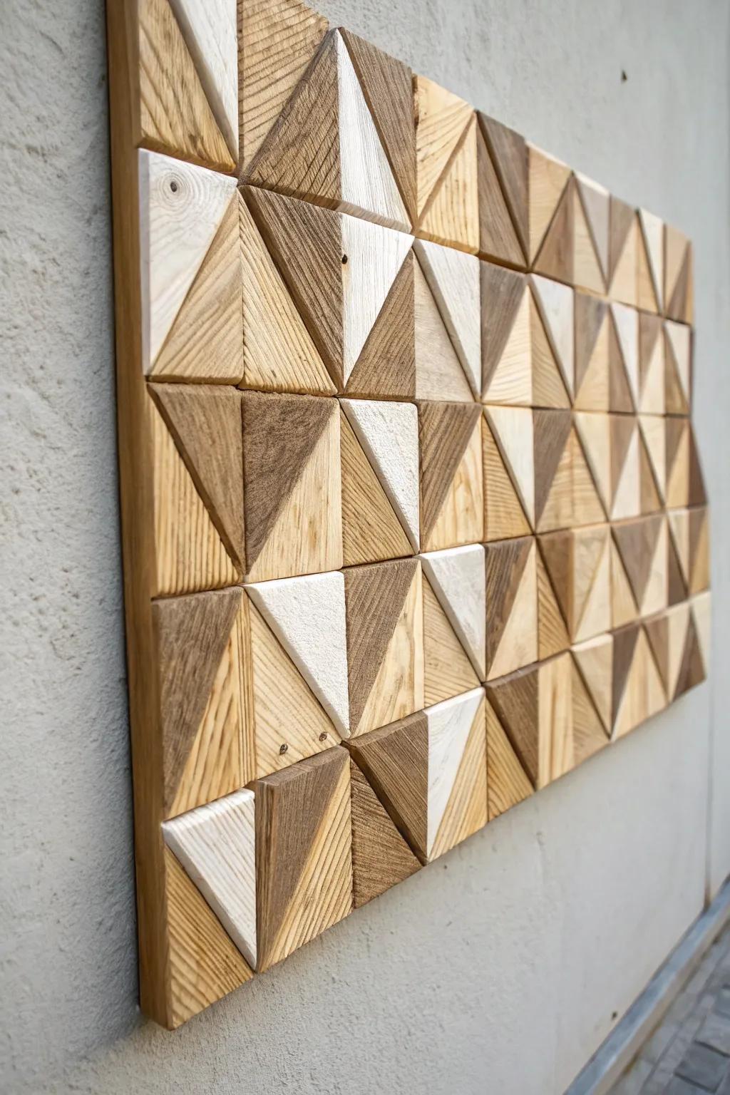 Handmade 3D scrap-wood mosaic wall art—geometric texture with shadow play all day.