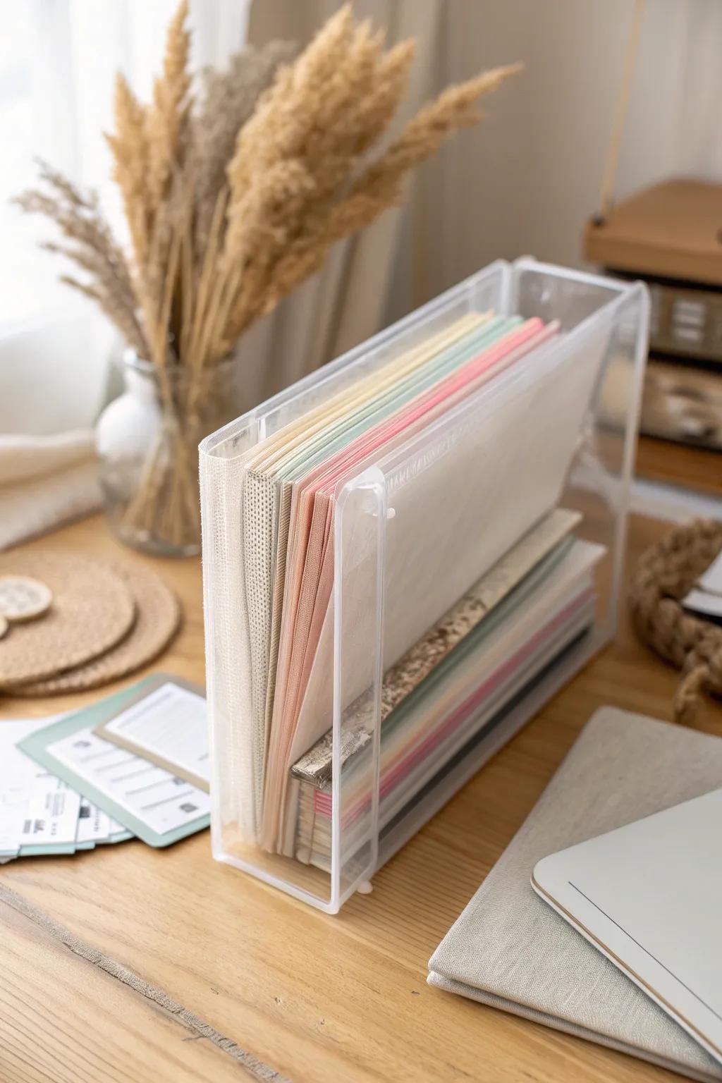 Store sticker sheets in clear document sleeves to keep them flat, visible, and easy to find.