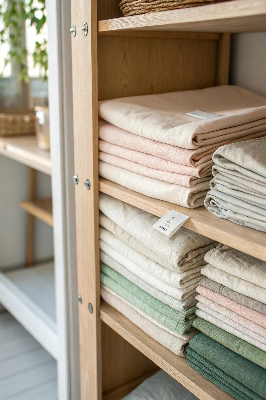 Mini-bolt fabric shelving: store yardage upright like files for a tidy, easy-to-scan stash.