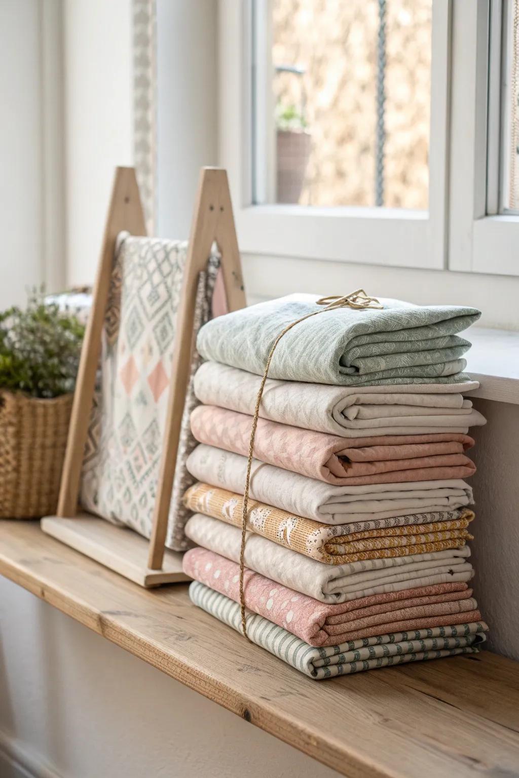 Mini-bolt folded fabric keeps every cut visible—shop-like shelves, zero clutter, no duplicates.