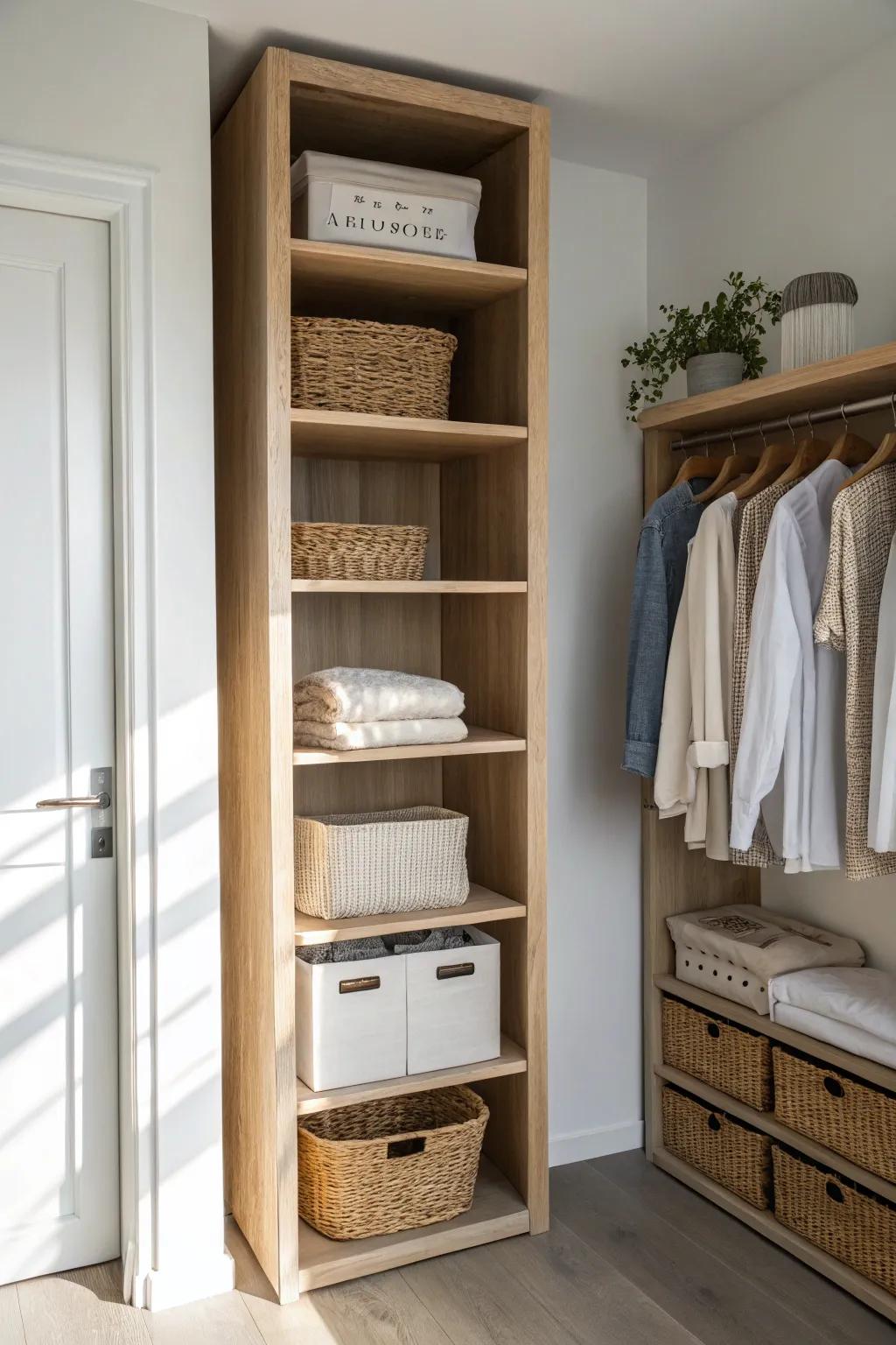 Go to the ceiling: tall vertical shelves add big storage to a shallow closet without bulk.