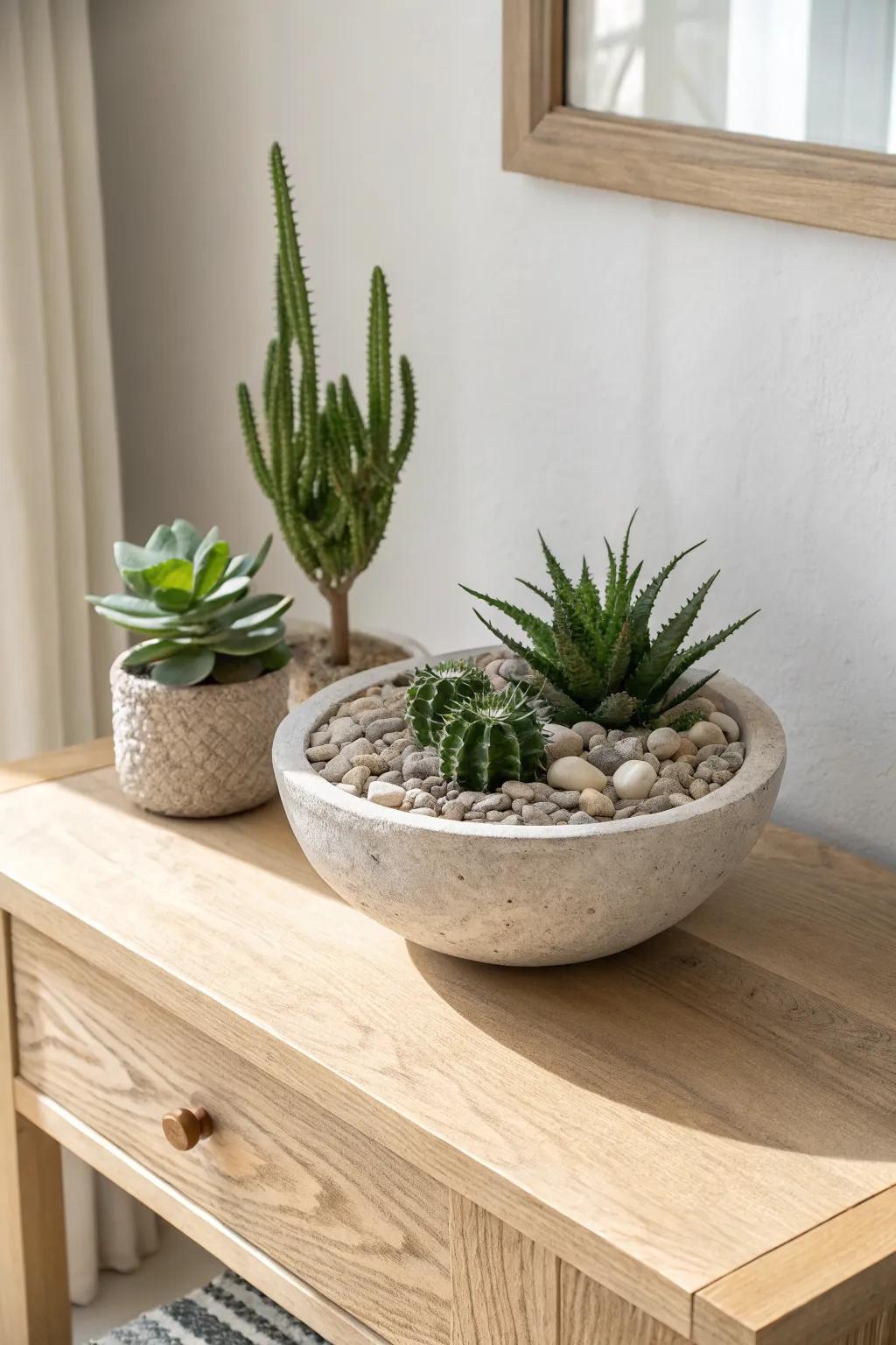 A calm stone dish planter: 3 sculptural greens + pale gravel for an instantly edited look.