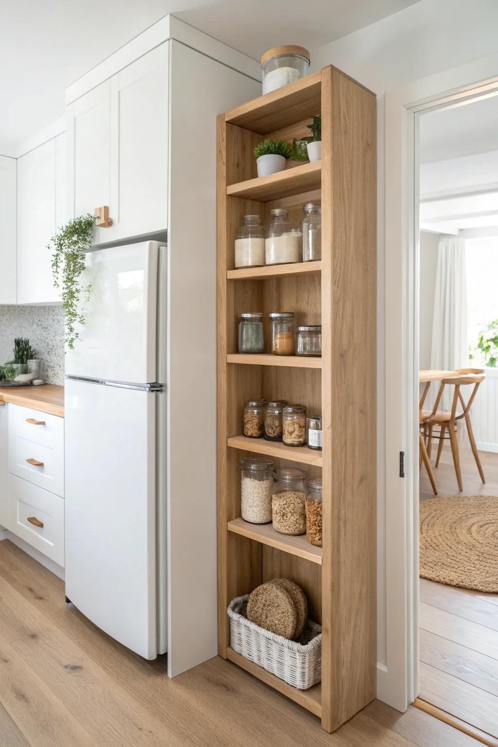 A slim, shallow shelf beside the fridge turns dead space into grab-and-go pantry storage.