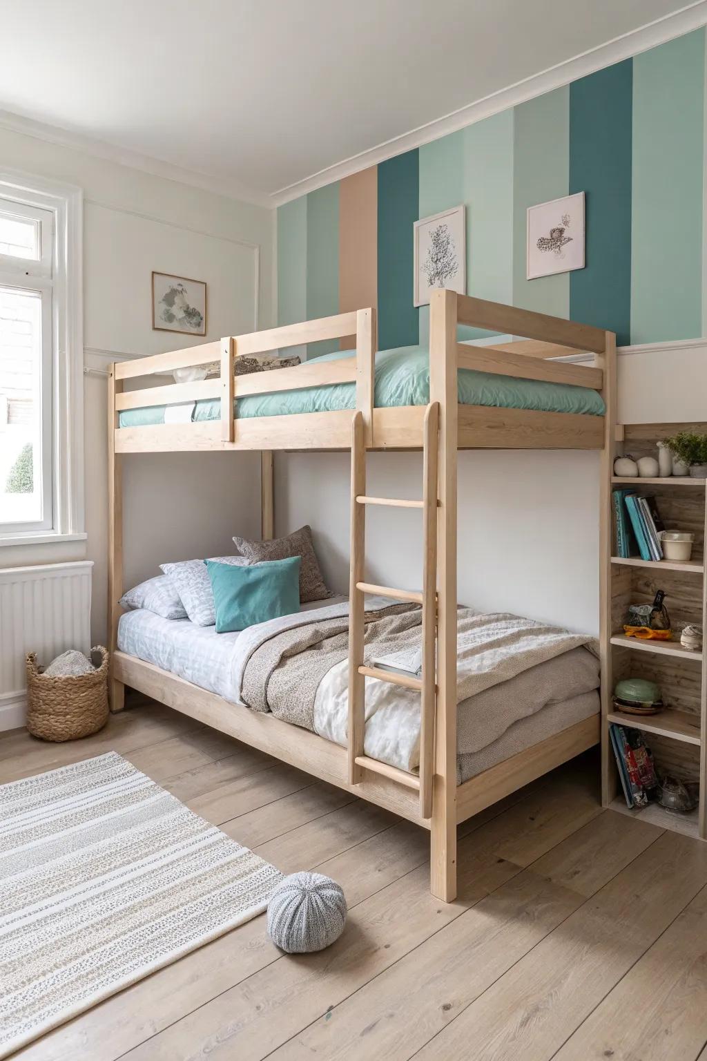 Color-blocked bedding makes one small bunk bed feel like two distinct zones—fast and space-smart.