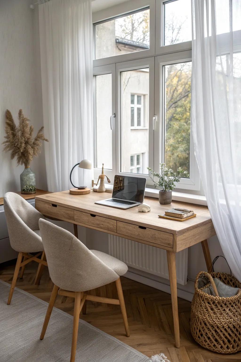 Window-facing desk for two: daylight-powered focus with minimalist Scandinavian calm.