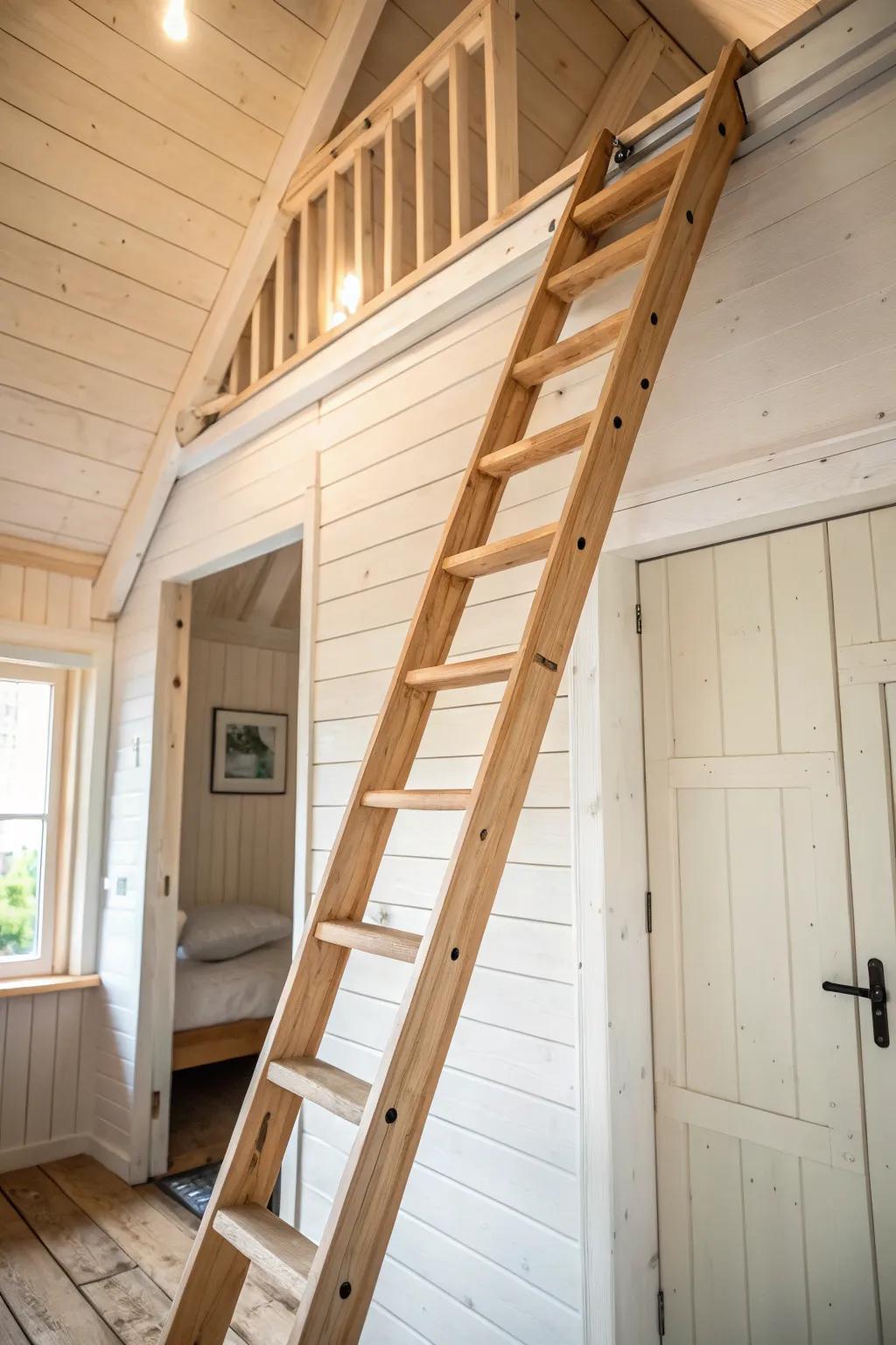 A handcrafted ladder makes a tiny shed cabin loft feel safe, airy, and beautifully cozy.