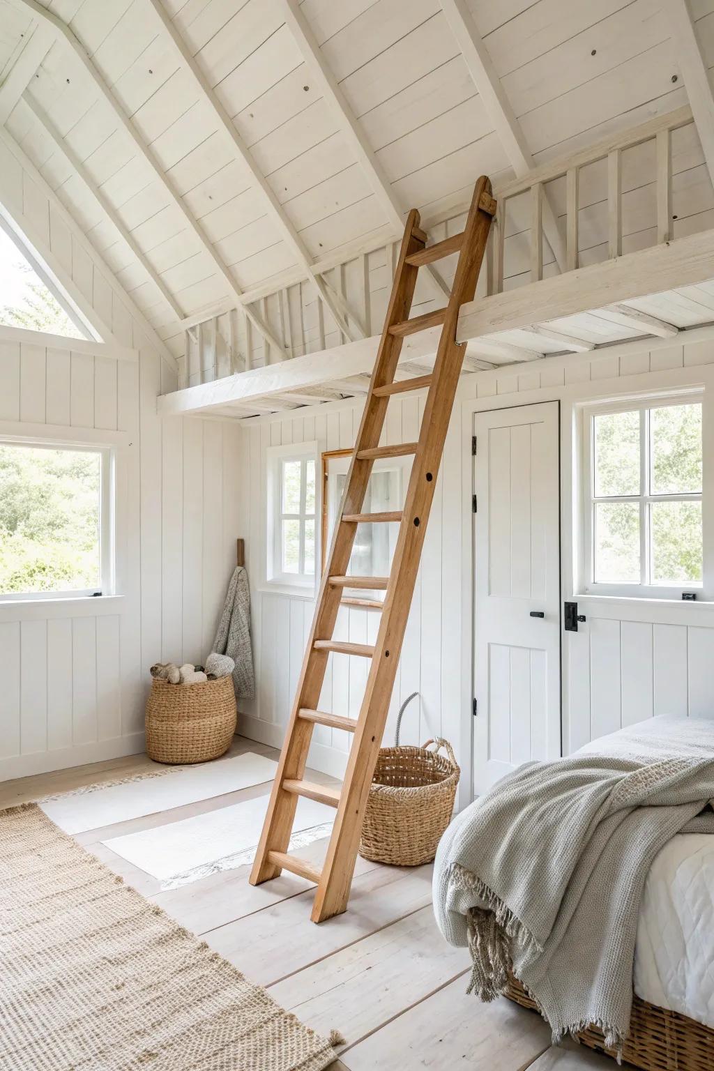 Gambrel roof loft + slim wooden ladder—small shed, big headroom and barn-style charm.