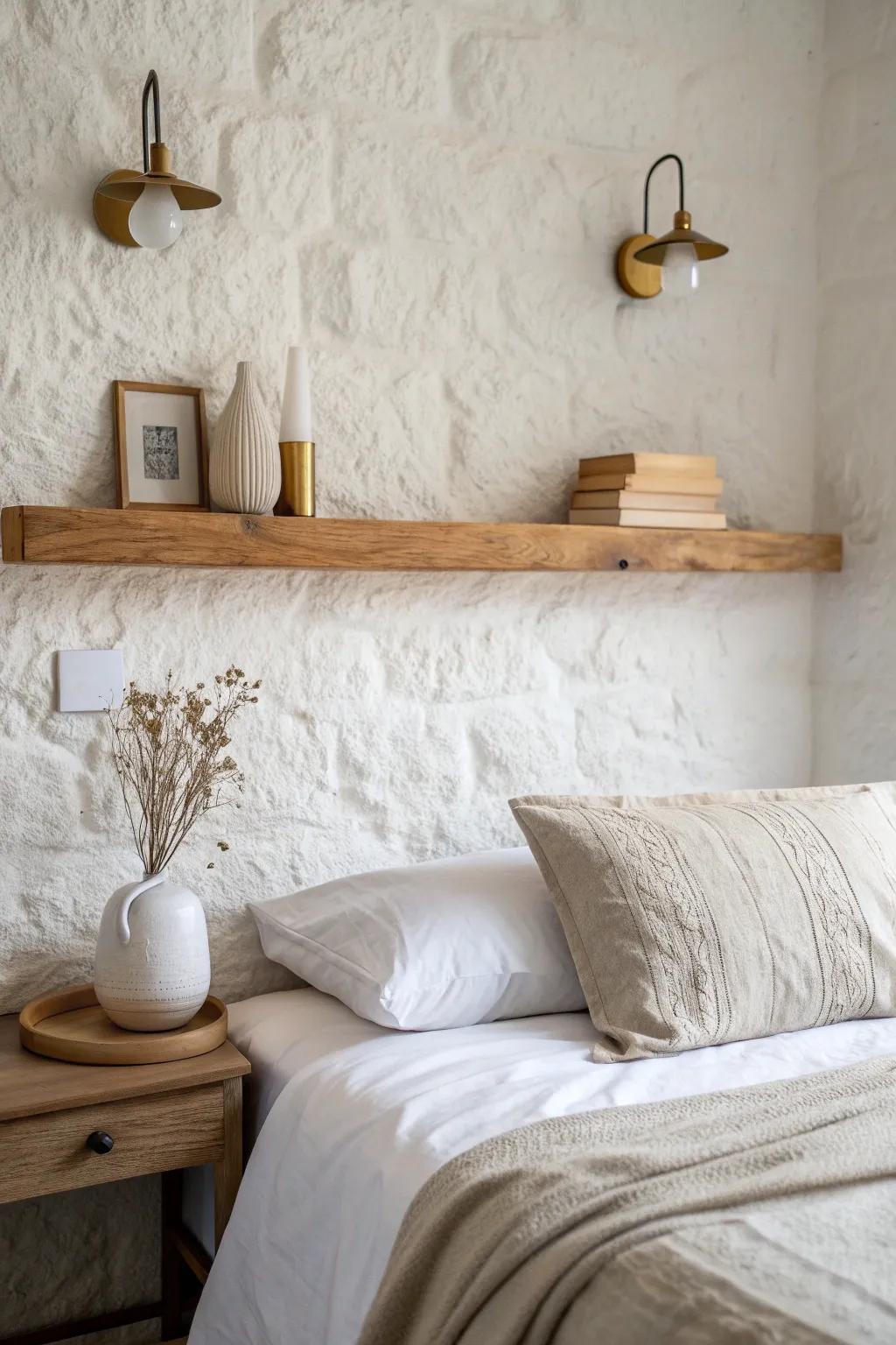 Floating oak shelf framed by twin sconces—instant hotel vibe and no nightstands needed.