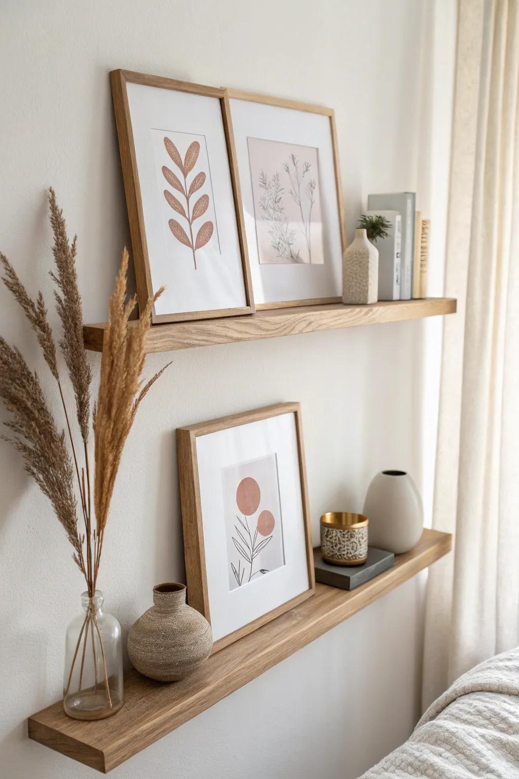 A slim picture ledge lets you layer frames and rotate bedroom art with almost no wall holes.