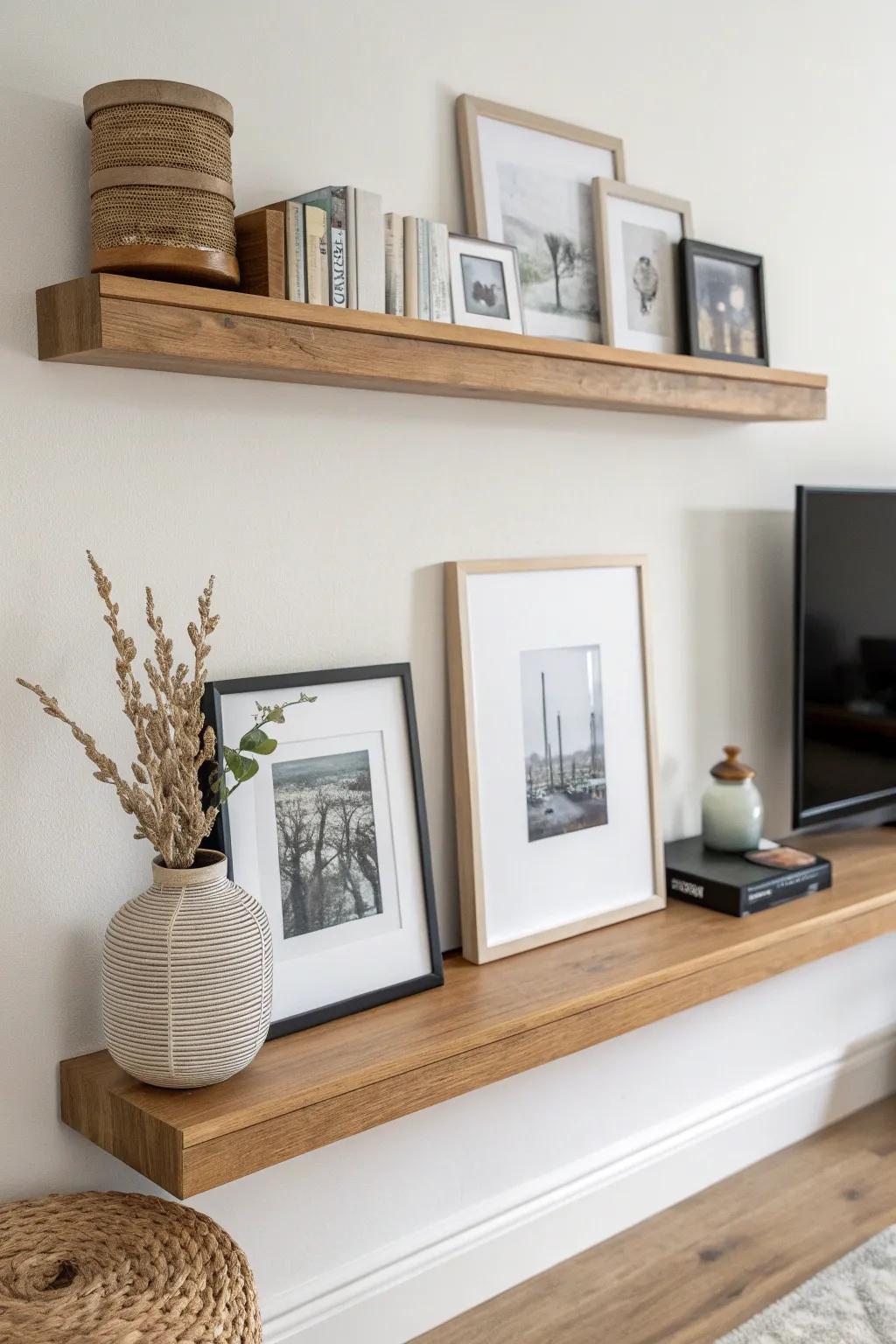 Swap art in seconds with a slim picture ledge—layer frames for instant small-space style.