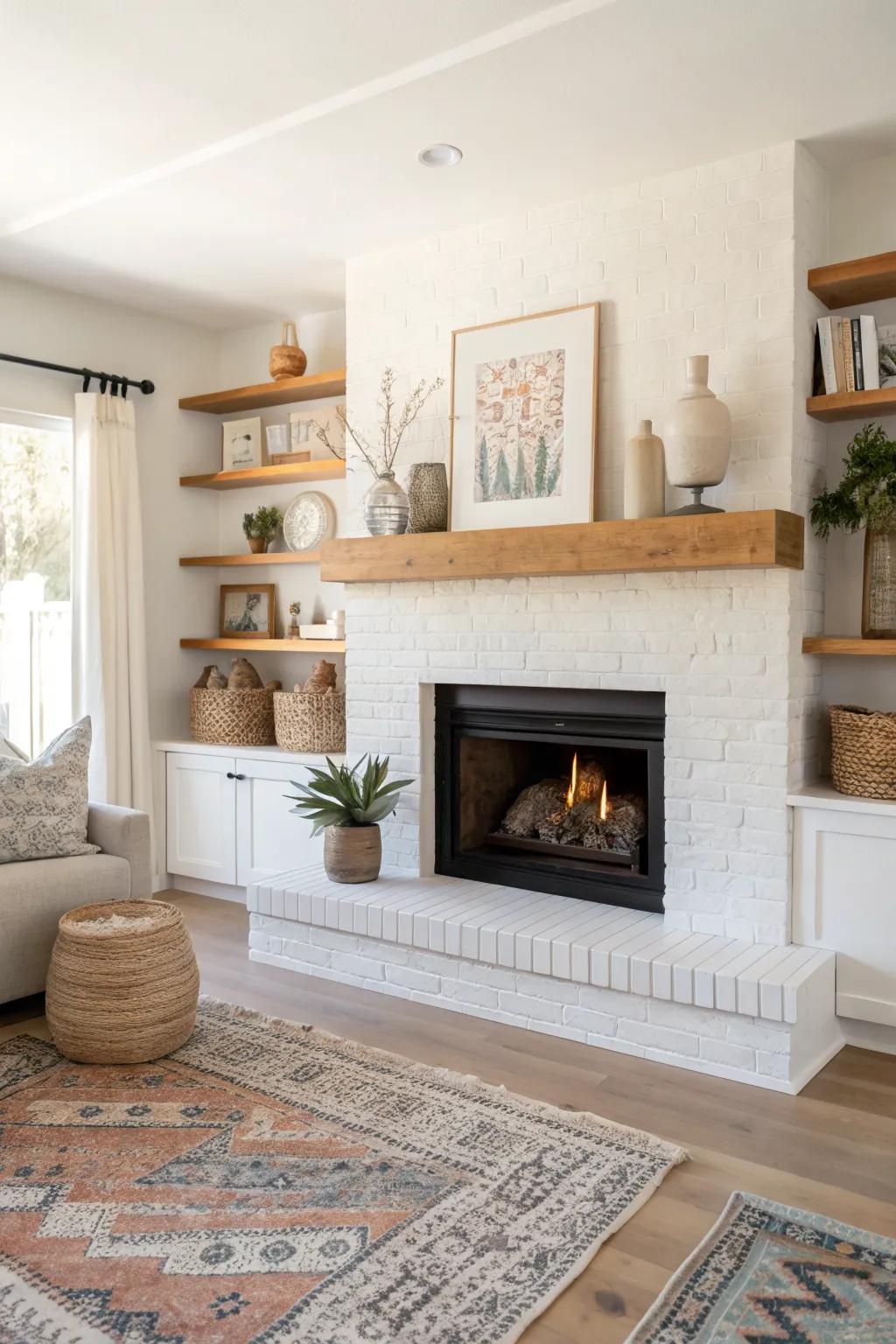 Fireplace-flank shelves in light oak turn an awkward rental bump-out into a calm focal wall.