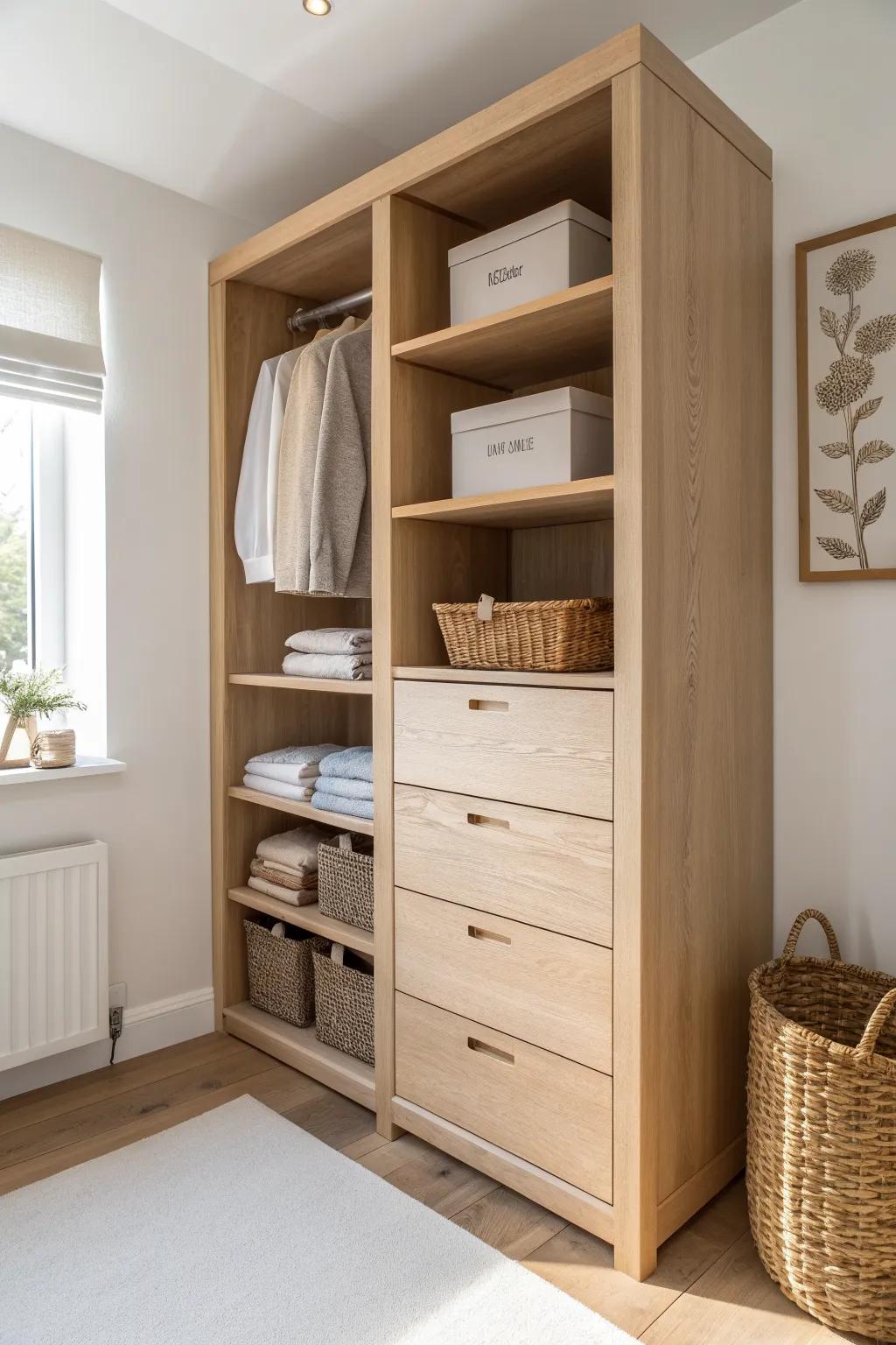 Closet shelving replaces a bulky dresser—open essentials up top, labeled fabric bins below.