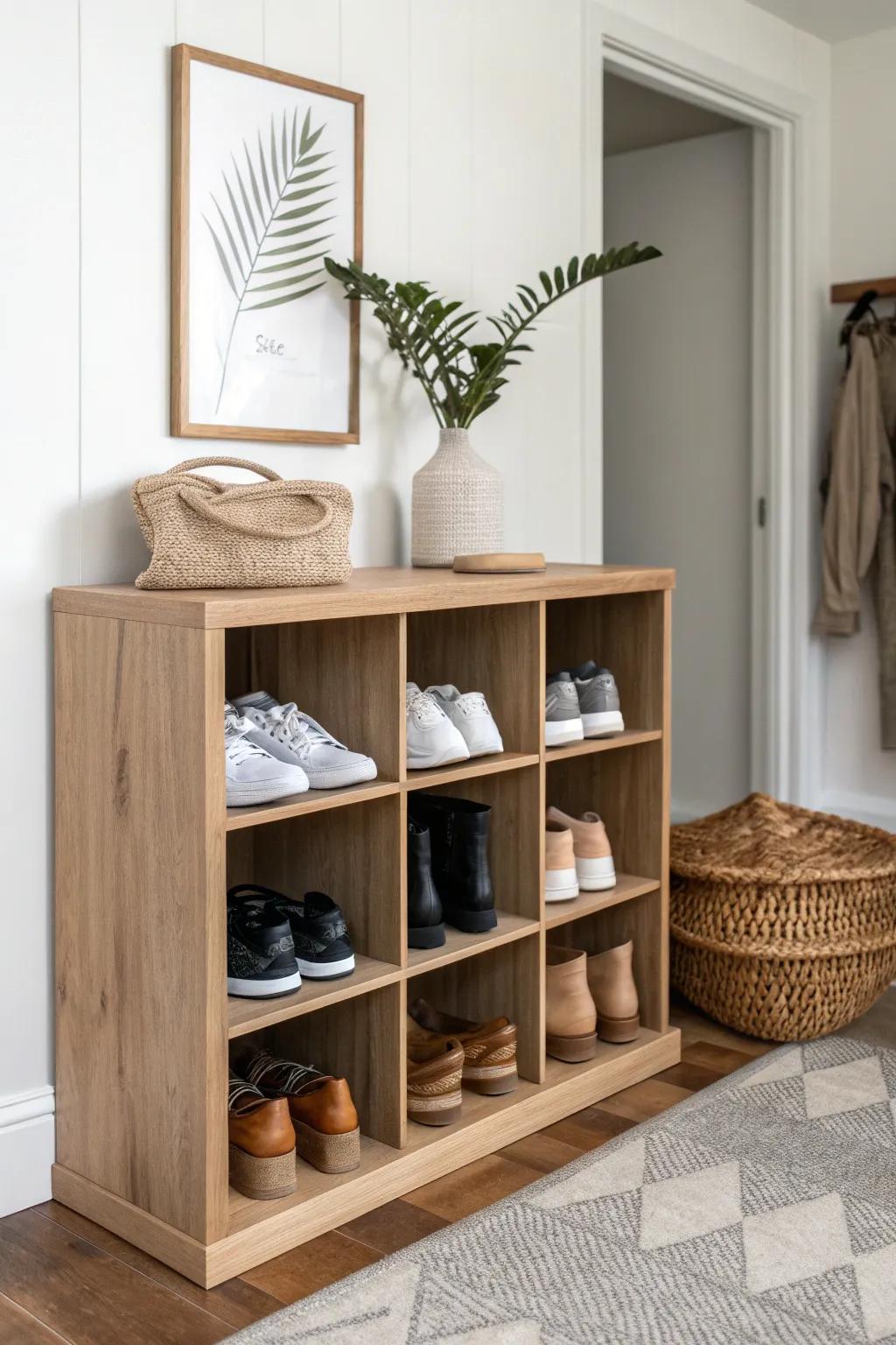 A light oak cubby shelf keeps grab-and-go pairs tidy—one cube per shoe type for easy mornings.